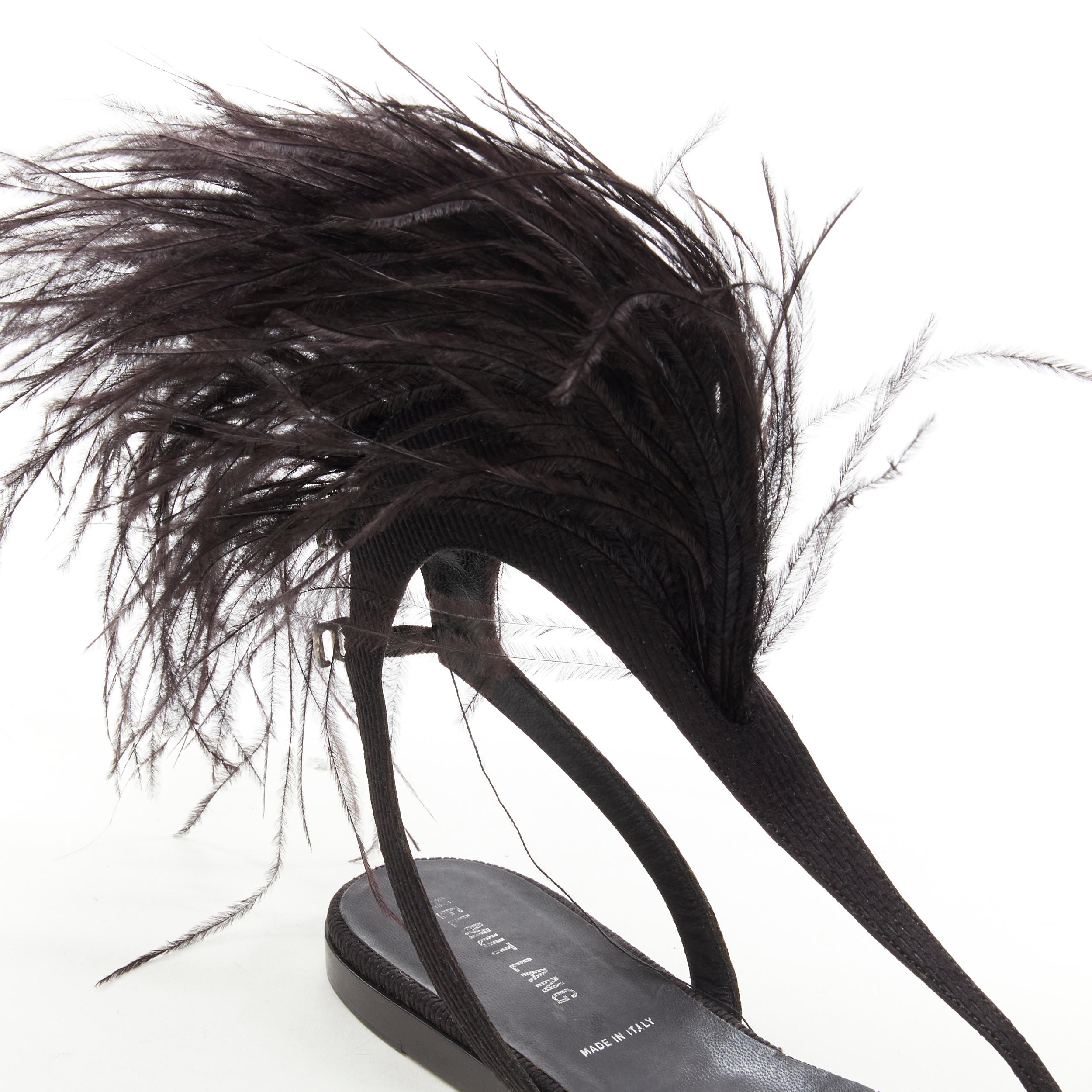 rare HELMUT LANG Vintage black feather trim T-strap open toe flat sandals EU36 4