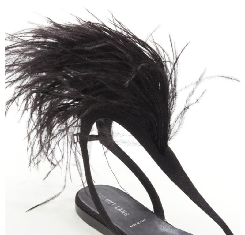 rare HELMUT LANG Vintage black feather trim T-strap open toe flat sandals EU36 3