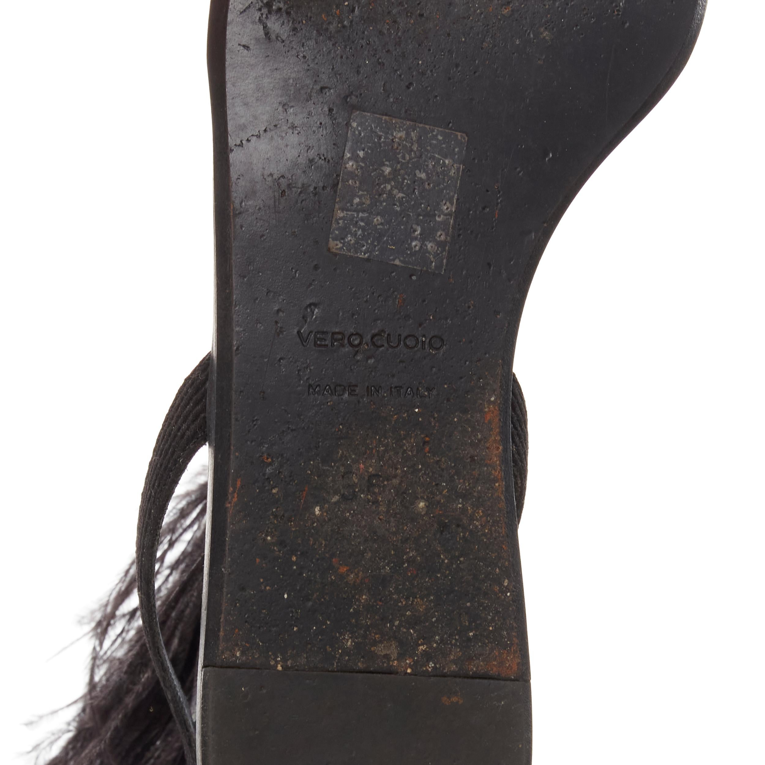 rare HELMUT LANG Vintage black feather trim T-strap open toe flat sandals EU36 For Sale 5