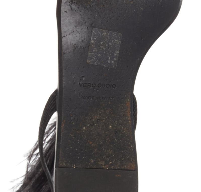 rare HELMUT LANG Vintage black feather trim T-strap open toe flat sandals EU36 4