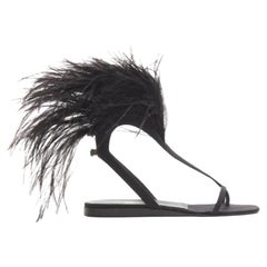 Seltene HELMUT LANG Vintage Schwarze flache Sandalen mit Federbesatz und offenem Zehenbereich EU36