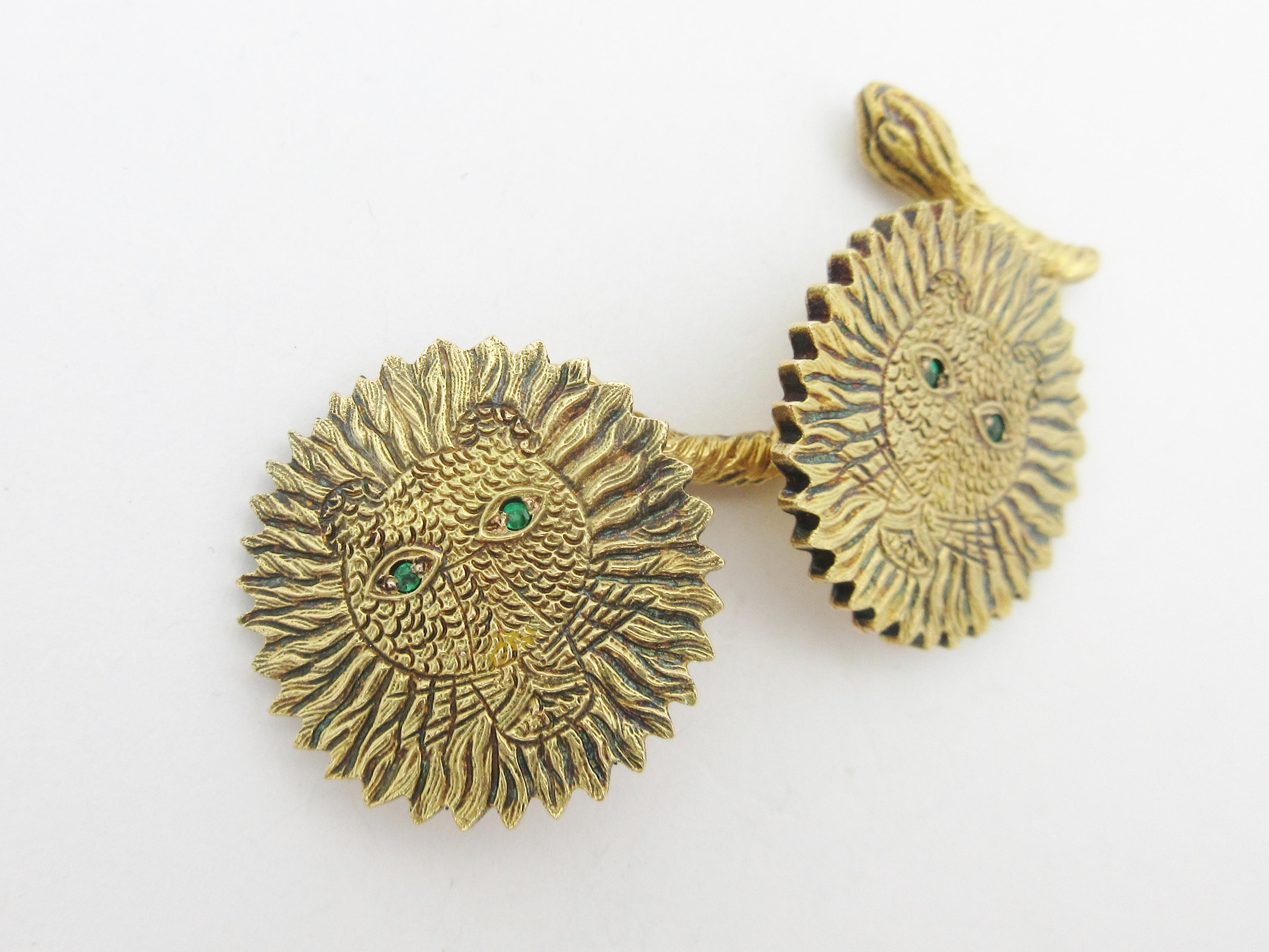 Round Cut Rare Henri Maïk Lion Emerald Vintage Cufflinks Artist 18 Karat Gold Cufflinks