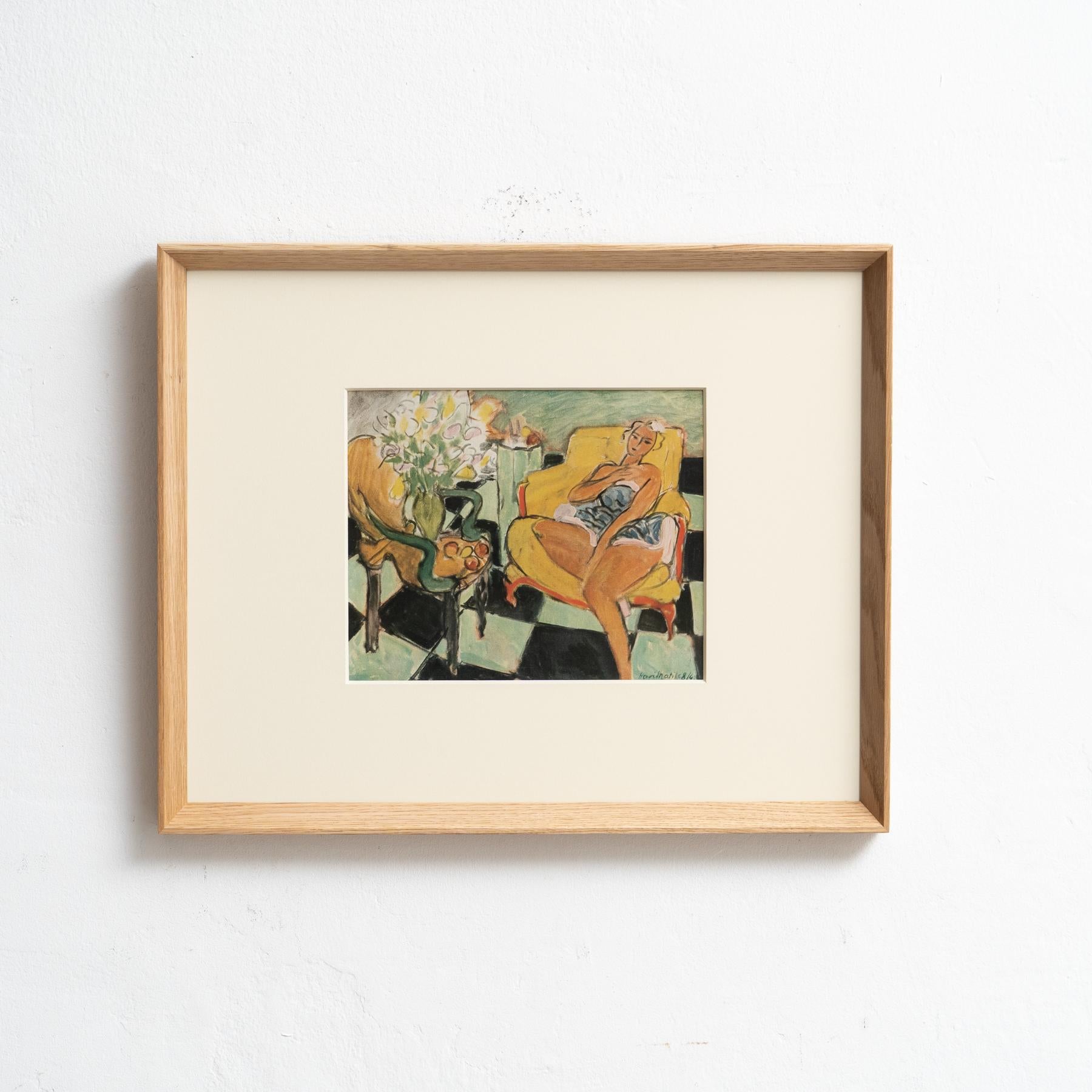 Adéntrate en el brillo intemporal de Henri Matisse con este extraordinario cliché en color, editado con maestría por Editions du Chêne en París, Francia, en 1943. Adornado con un impresionante marco de madera maciza de 54 cm de ancho, 43,5 cm de