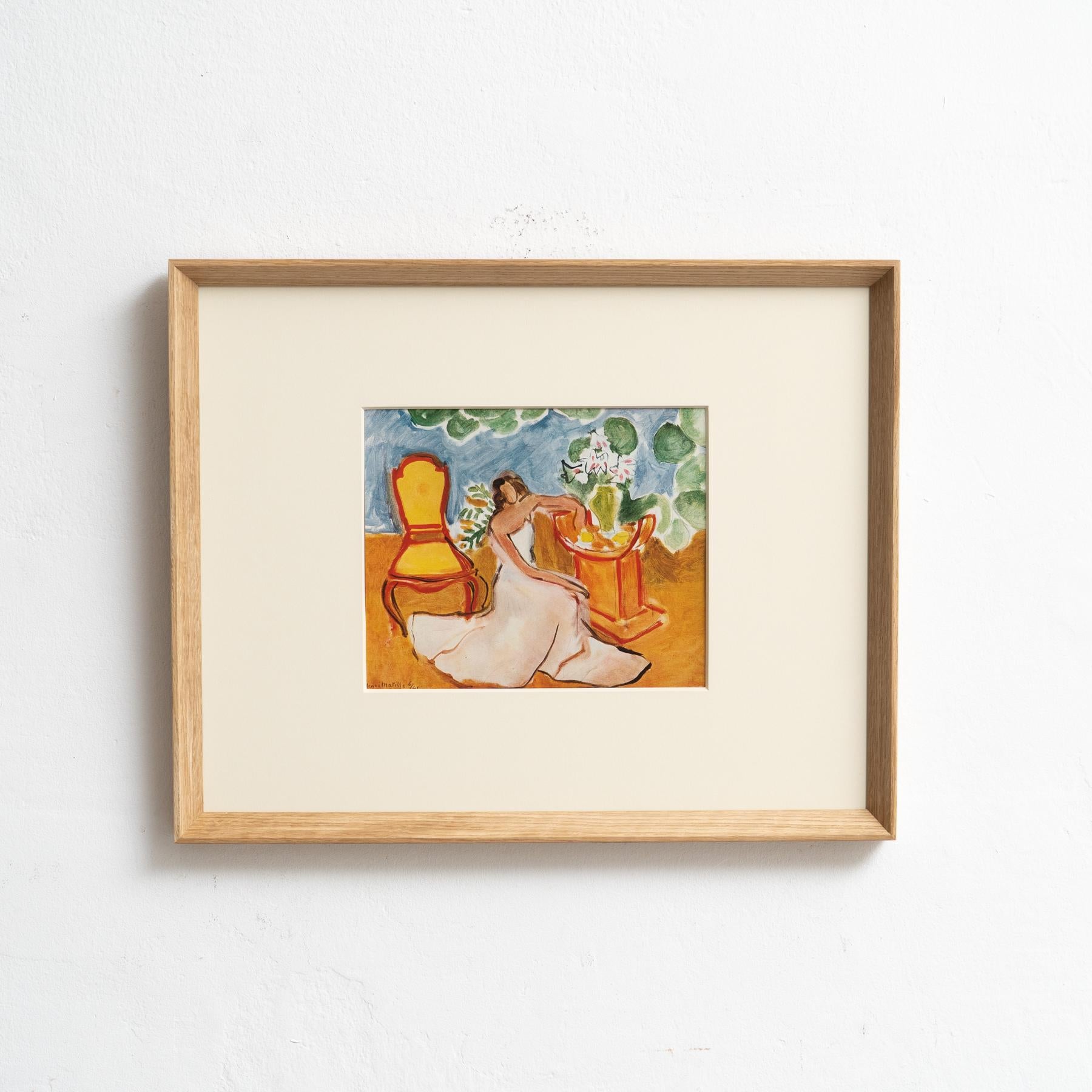 Step into the timeless brilliance of Henri Matisse with this extraordinary color cliché, expertly edited by Editions du Chêne in Paris, France, in 1943. Adorned by a stunning solid wood frame measuring 54cm in width, 43.5cm in height, and 3.5cm in