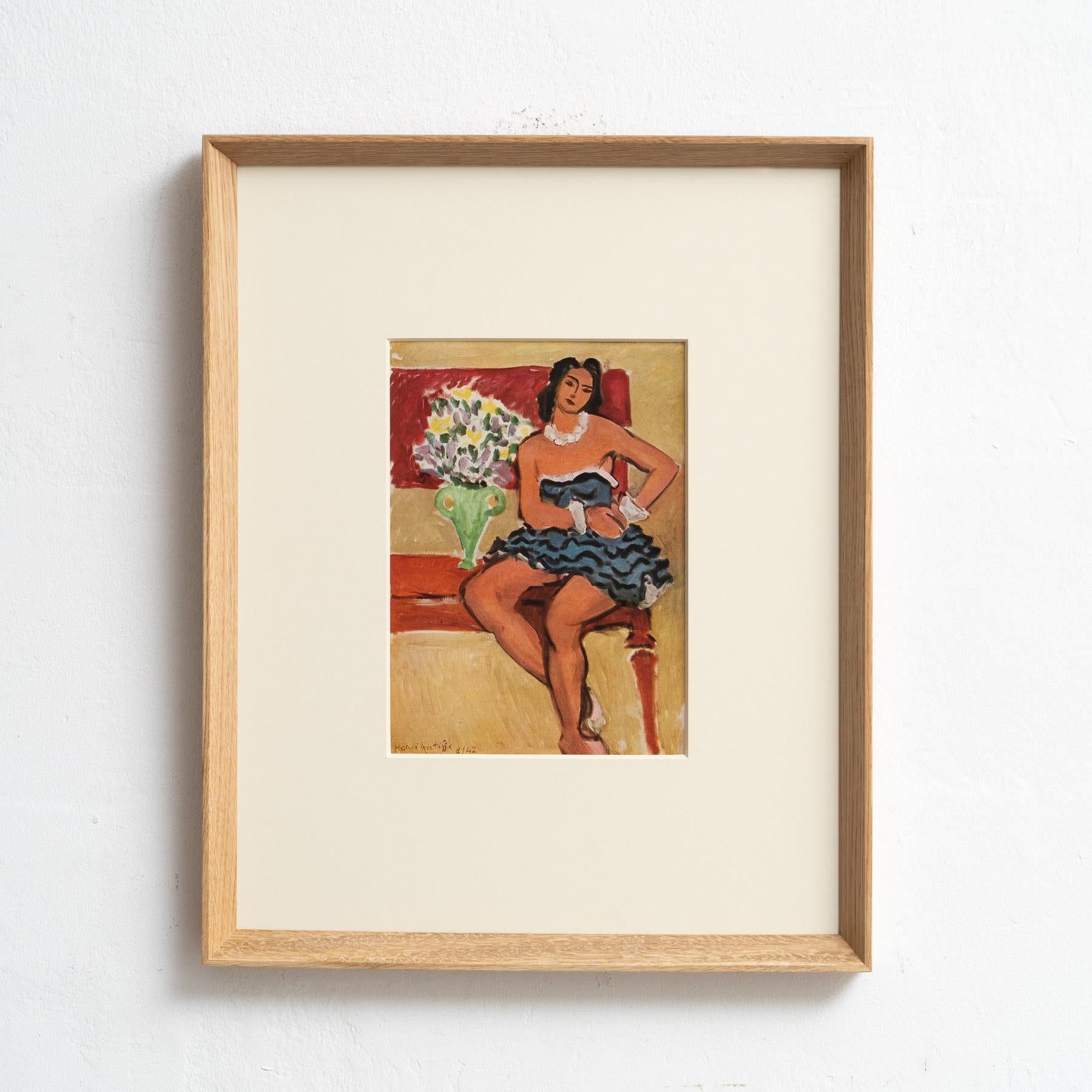 Step into the timeless brilliance of Henri Matisse with this extraordinary color cliché, expertly edited by Editions du Chêne in Paris, France, in 1943. Adorned by a stunning solid wood frame measuring 54cm in height, 43.5cm in width, and 3.5cm in