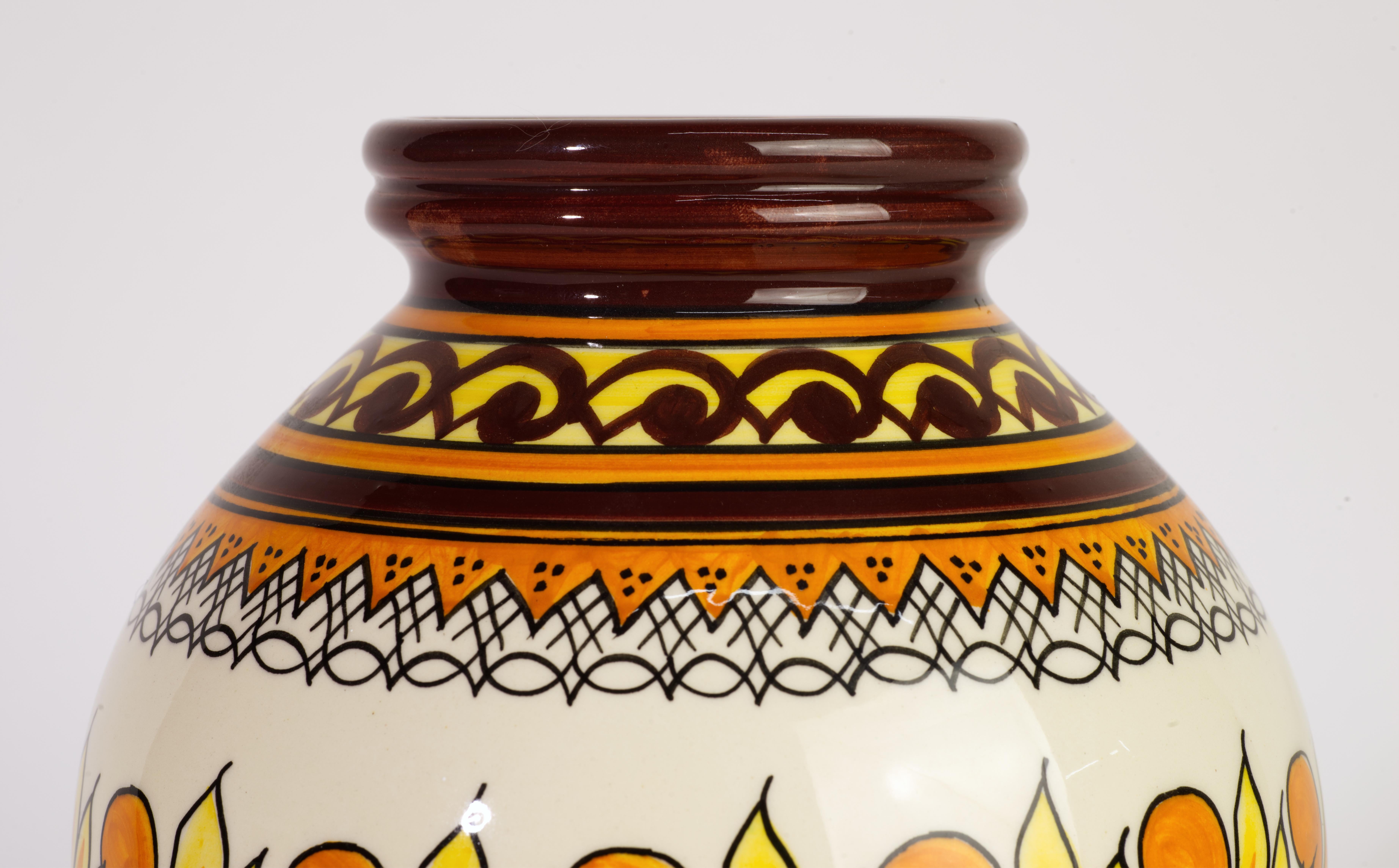 Mid-Century Modern Rare Henriot Quimper France Faience Vase, Abstract Hand Painted Decor For Sale
