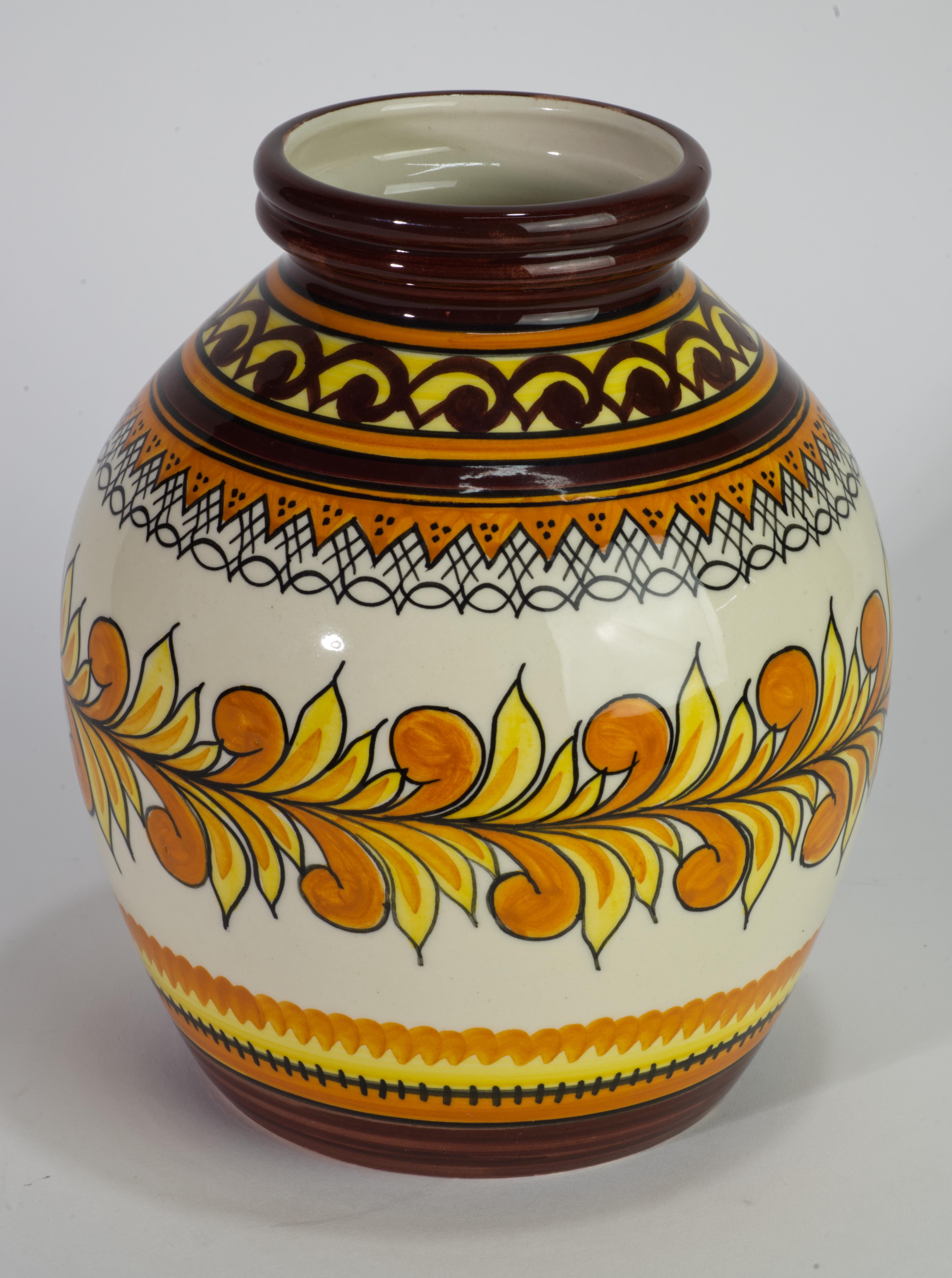 Hand-Crafted Rare Henriot Quimper France Faience Vase, Abstract Hand Painted Decor For Sale