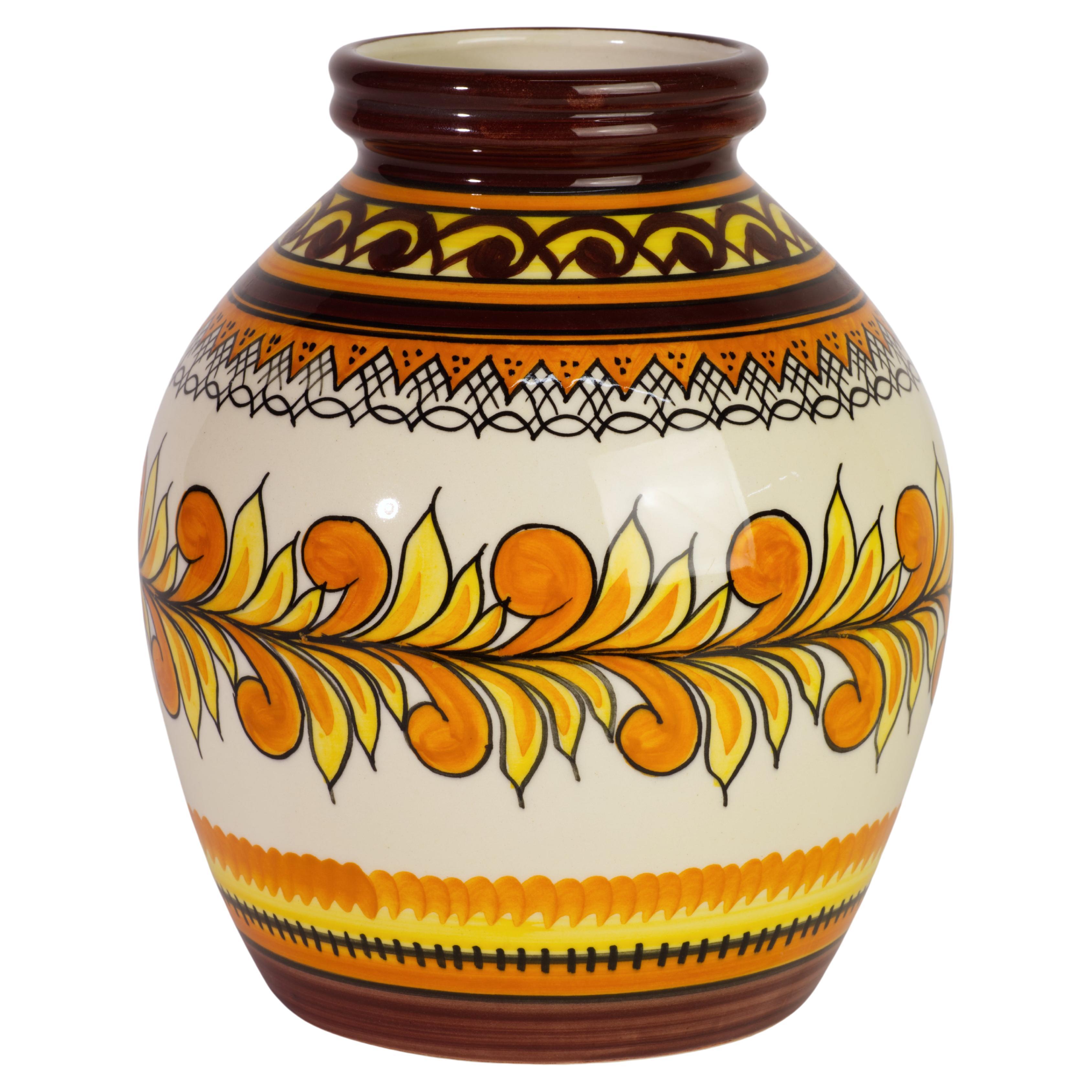 Rare Henriot Quimper France Faience Vase, Abstract Hand Painted Decor For Sale