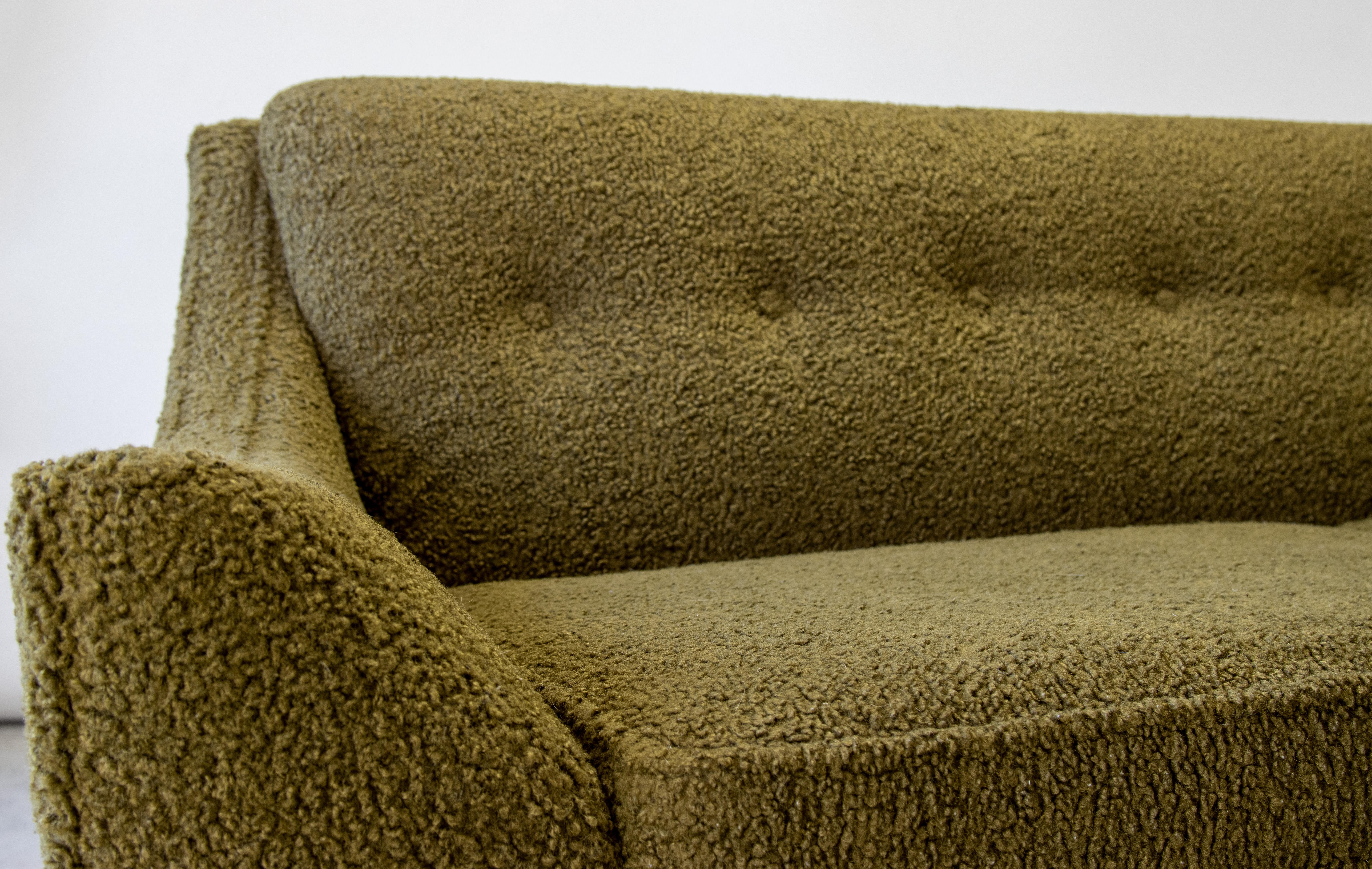 American Rare Henry P Glass Sofa in Green Boucle and brass legs mid century modern  For Sale