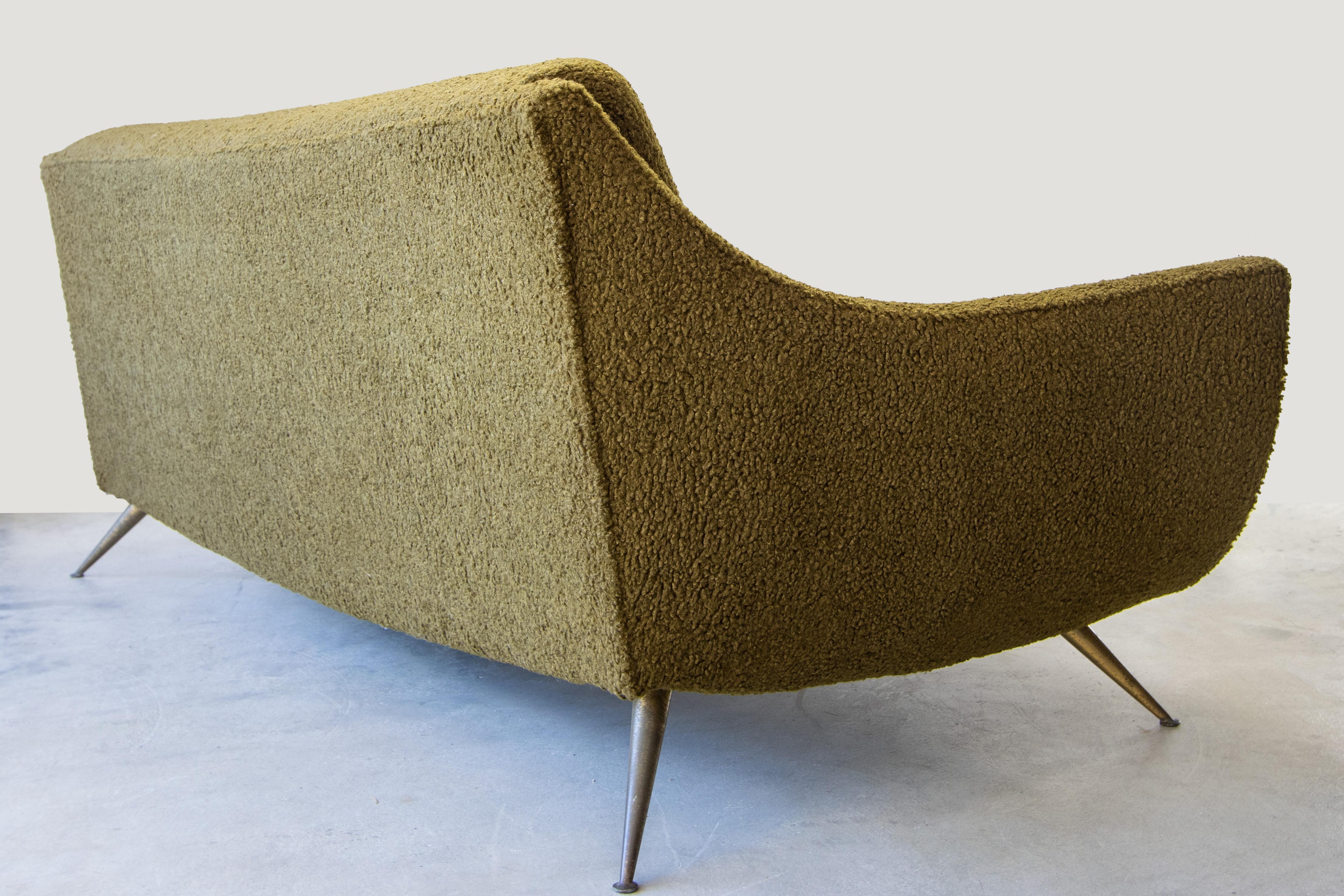 Rare Henry P Glass Sofa in Green Boucle and brass legs mid century modern  In Good Condition For Sale In Virginia Beach, VA