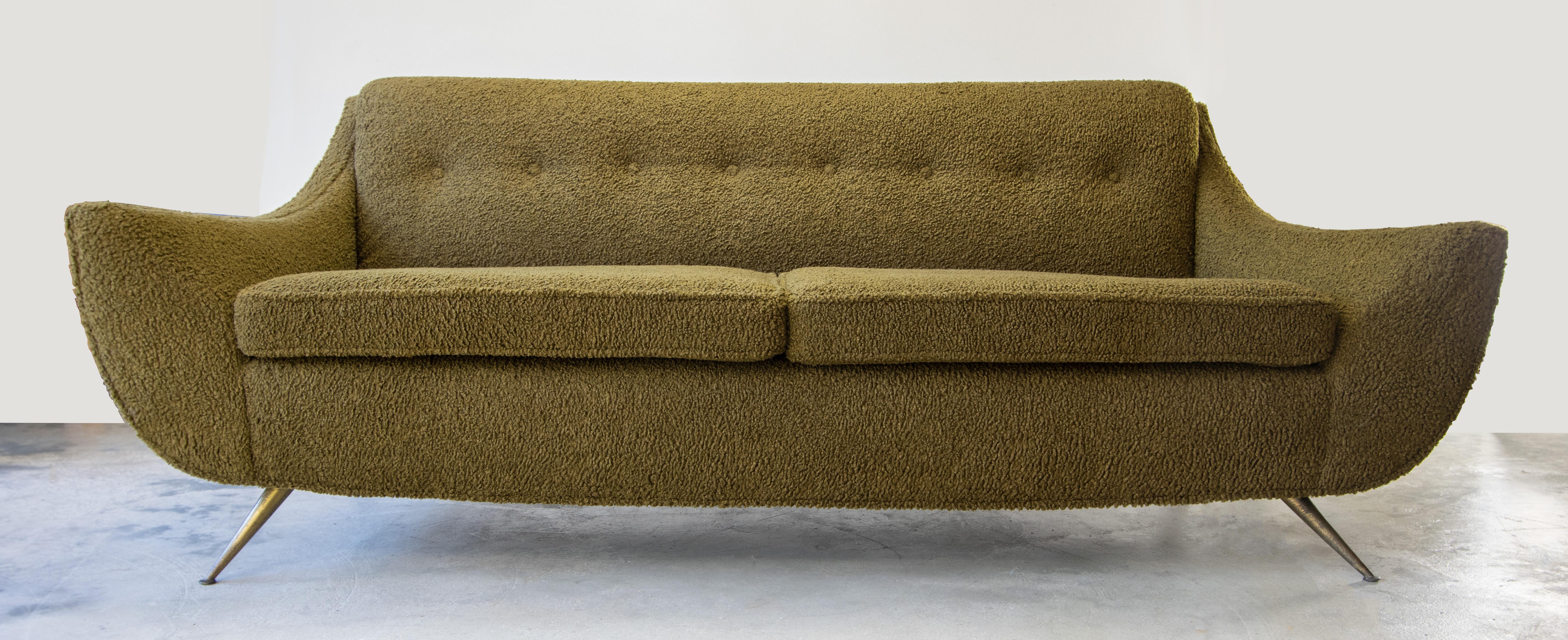 Mid-20th Century Rare Henry P Glass Sofa in Green Boucle and brass legs mid century modern 