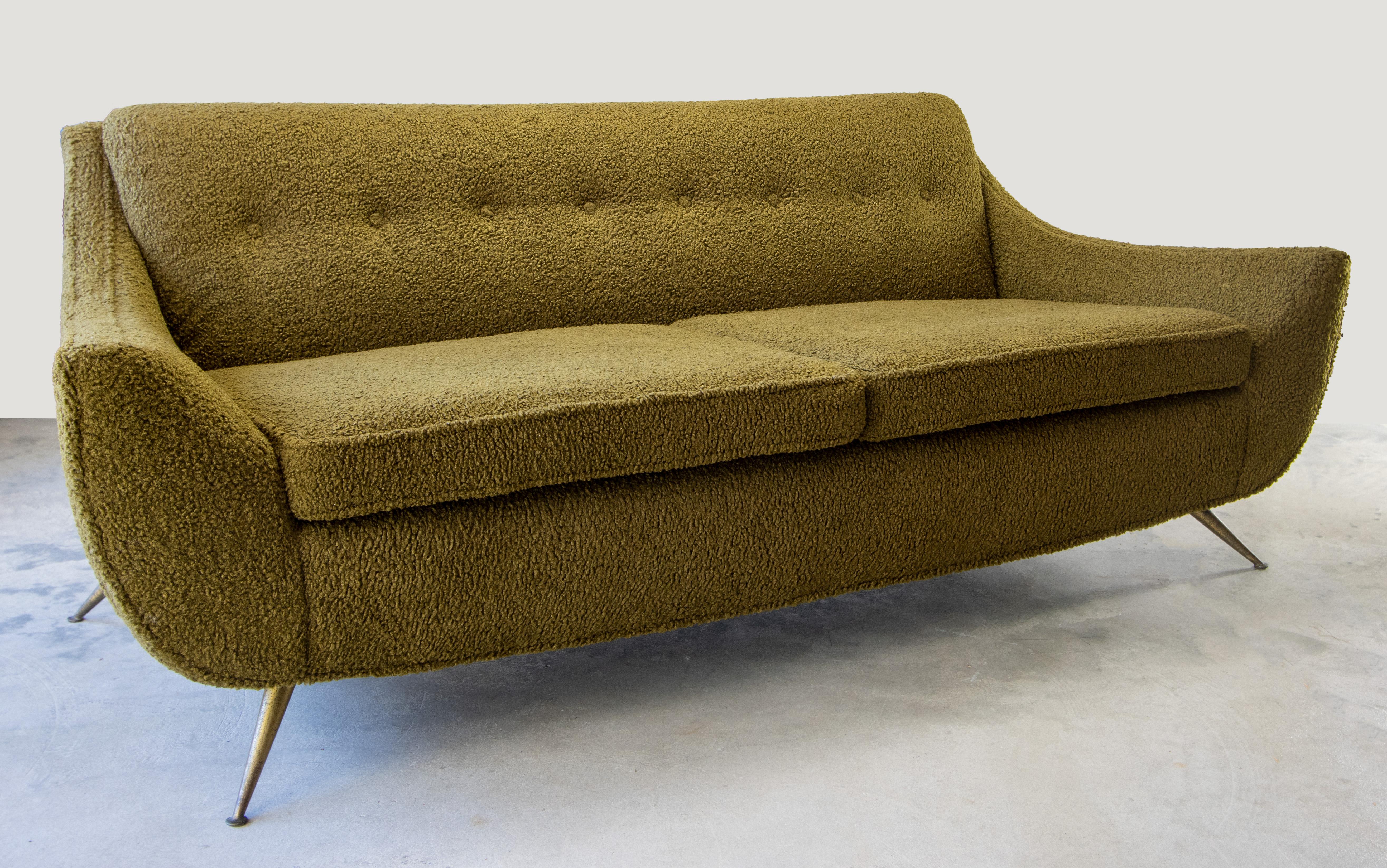 Brass Rare Henry P Glass Sofa in Green Boucle and brass legs mid century modern 