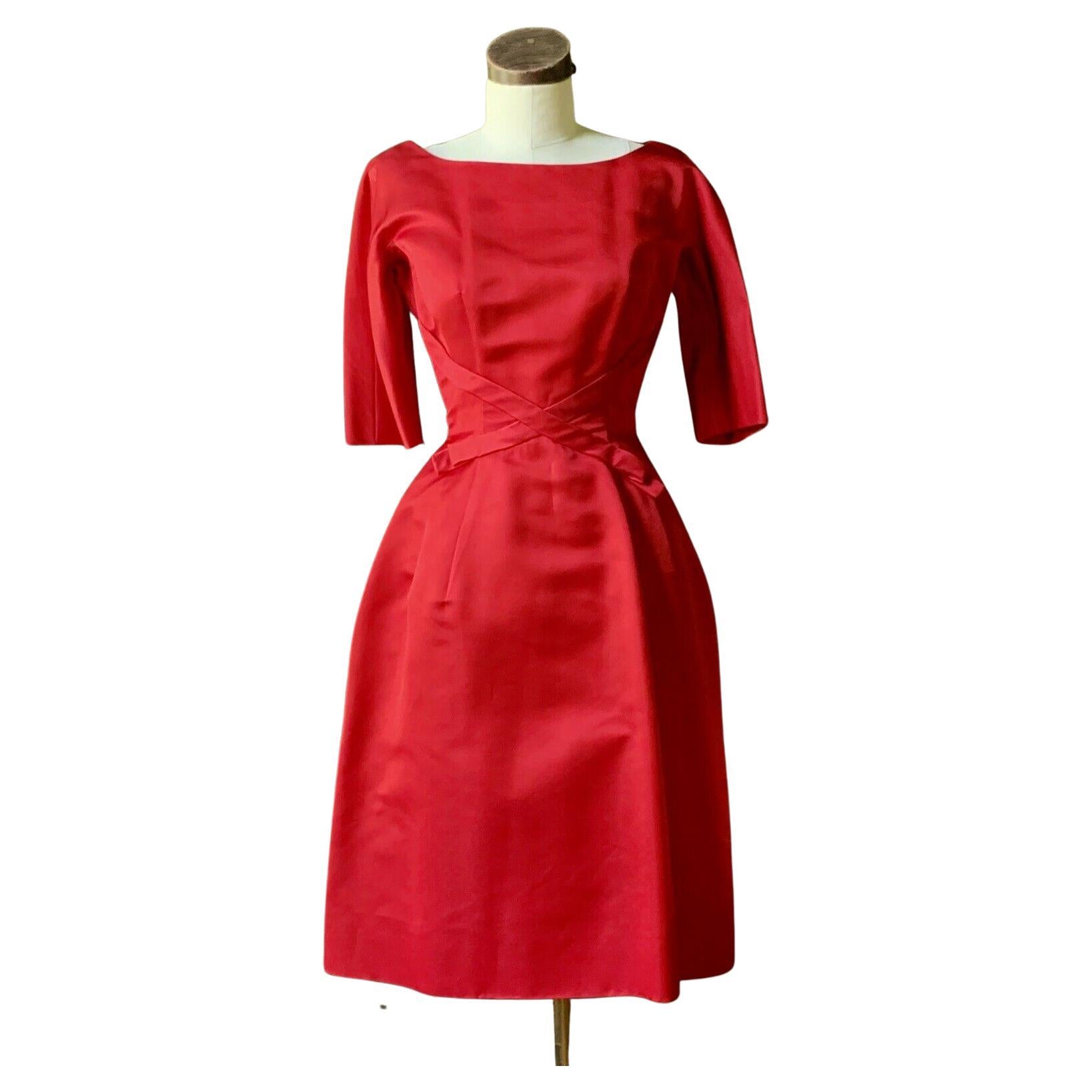 Rare HERBERT SONDHEIM 1950s Vintage Red Satin COUTURE Cocktail Dress XS/S