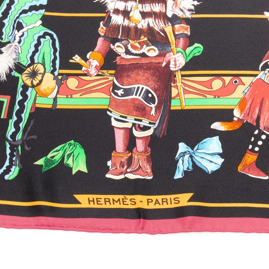 Black rare HERMES 100% silk black mixed aboriginal print square scarf 90cm