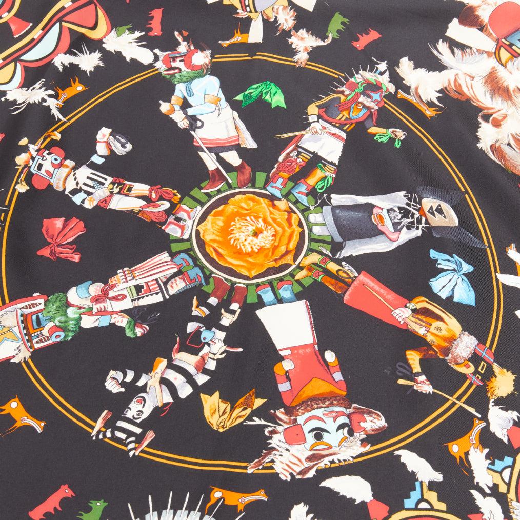 Women's rare HERMES 100% silk black mixed aboriginal print square scarf 90cm
