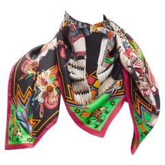 rare HERMES 100% silk black mixed aboriginal print square scarf 90cm