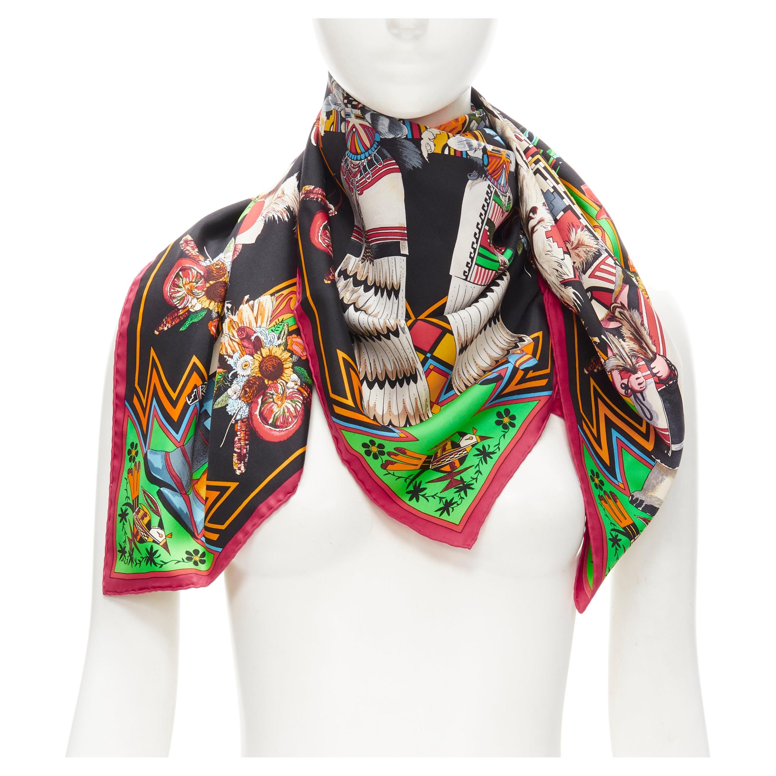 rare HERMES 100% silk black mixed aboriginal print square scarf 90cm For Sale