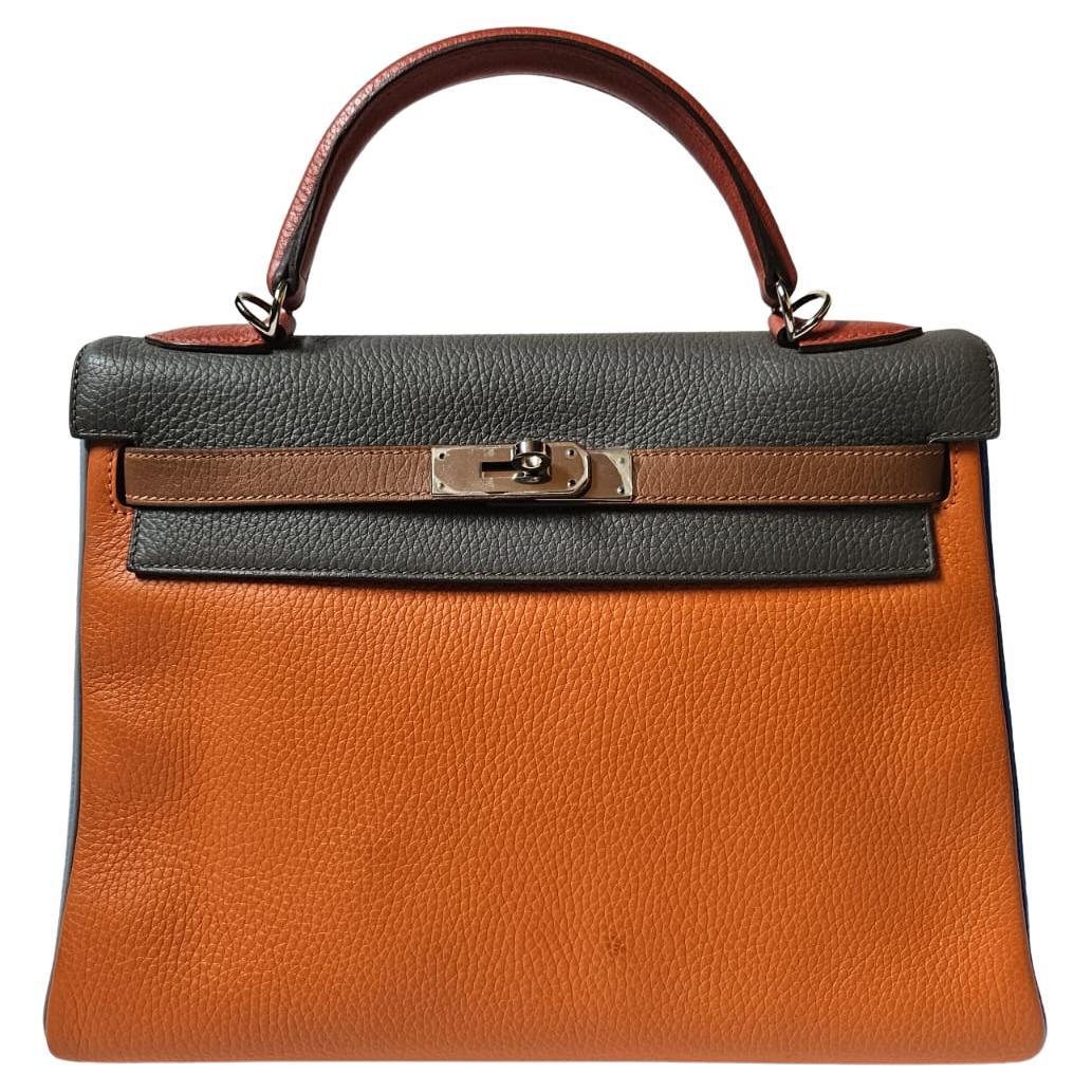 Rare Hermes Arlequin Clemence Leather Kelly 32 Bag