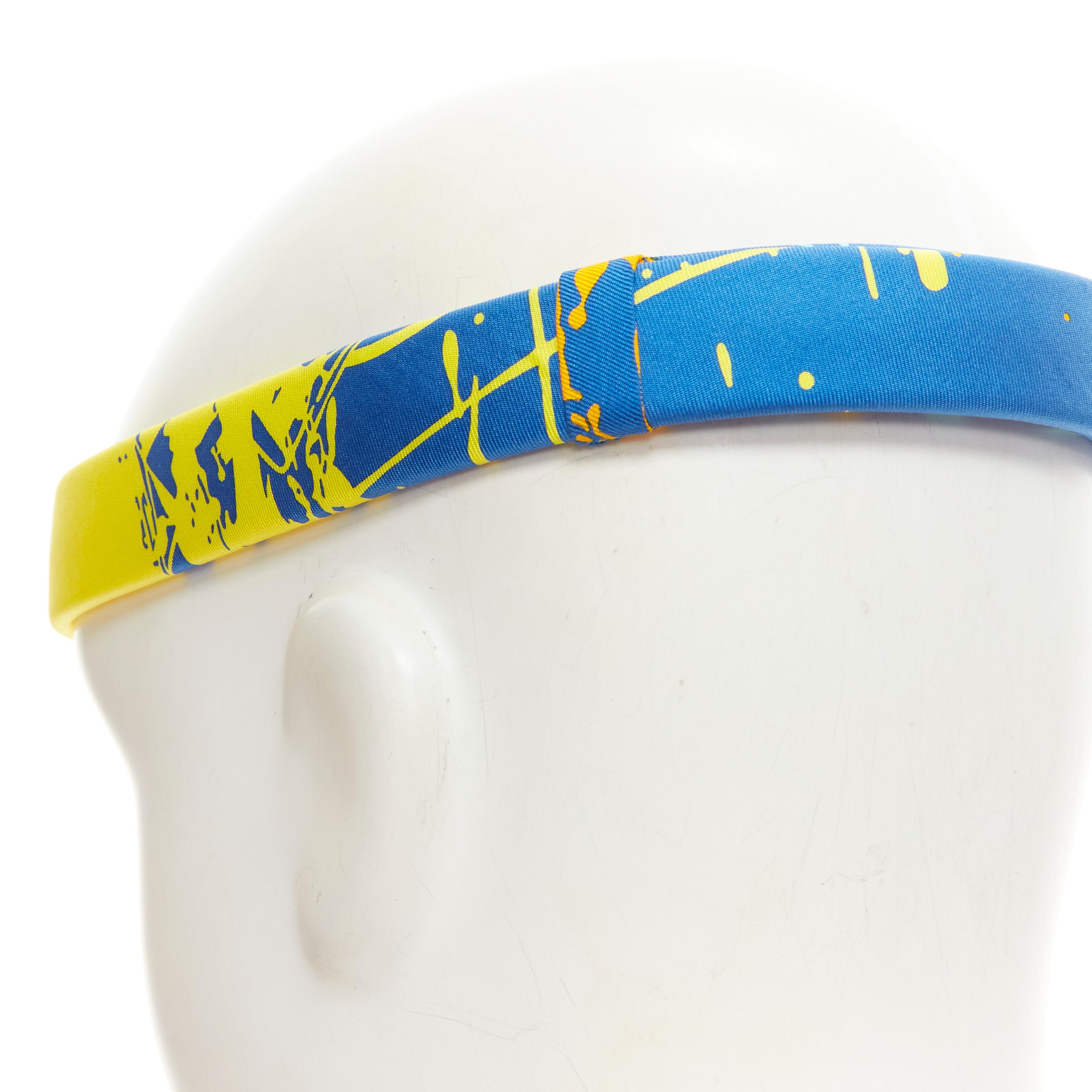 Gray rare HERMES Bandeau Femme Mistinguette 100% silk blue yellow adjustable headband For Sale