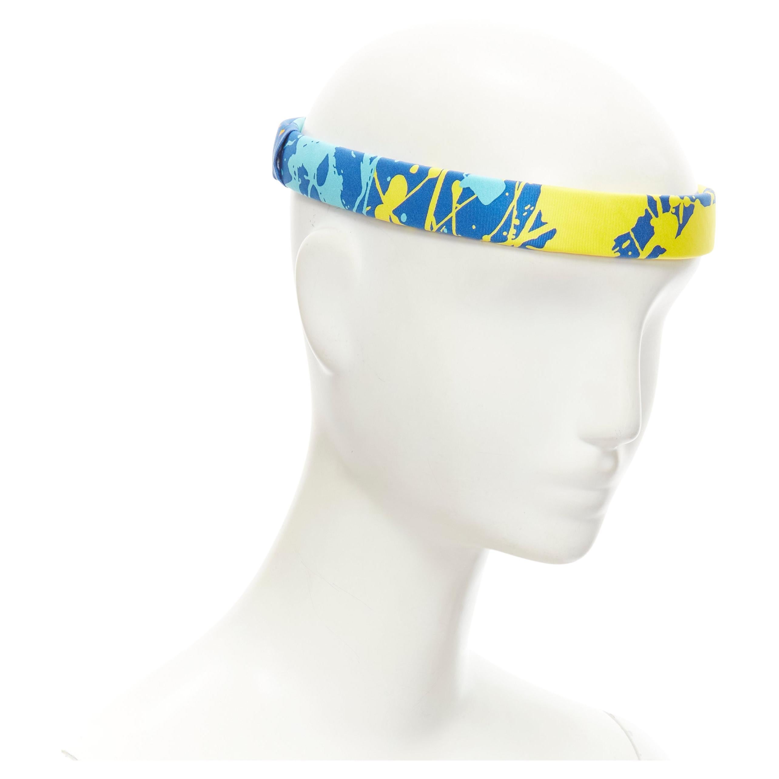 rare HERMES Bandeau Femme Mistinguette 100% silk blue yellow adjustable headband For Sale