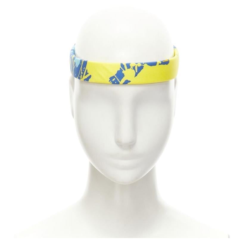 rare HERMES Bandeau Femme Mistinguette 100% silk blue yellow adjustable headband For Sale