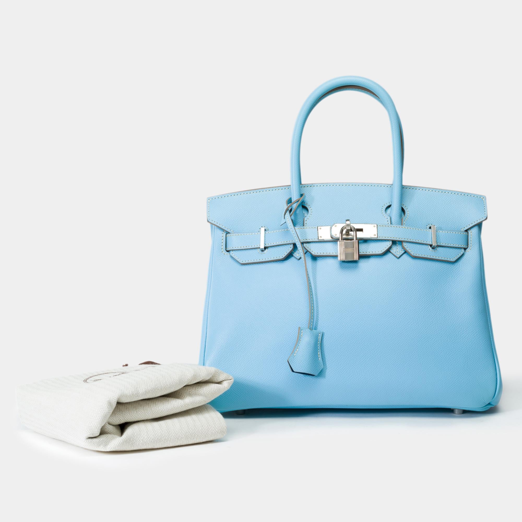 Exceptional​​ ​​Hermes​​ ​​Birkin​​ ​​30​​ ​​Candy​ ​Collection​ ​limited​​ ​​edition​​​ ​​handbag​​ ​​in​​ ​​Blue​ ​Celeste​ ​Epsom​ ​calf​ ​​leather​​ ​​with​​ ​​white​​ ​​stitching​​ ​​and​​ ​​Mykonos​​ ​​blue​​ ​​leather​​ ​​interior,​​
