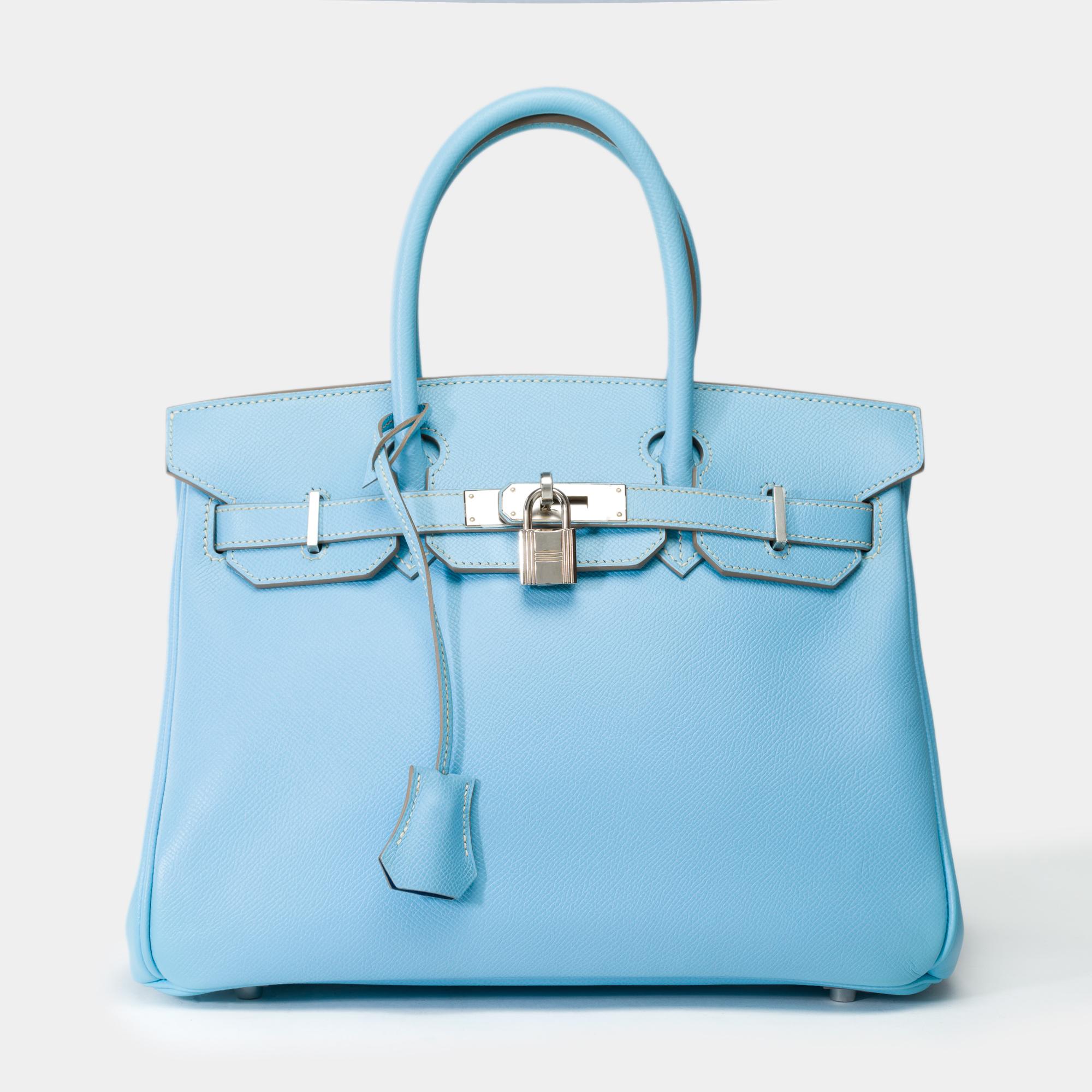 Rare Hermes Birkin 30 Candy Edition handbag in Celeste Blue Epsom leather, PHW In Excellent Condition In Paris, IDF
