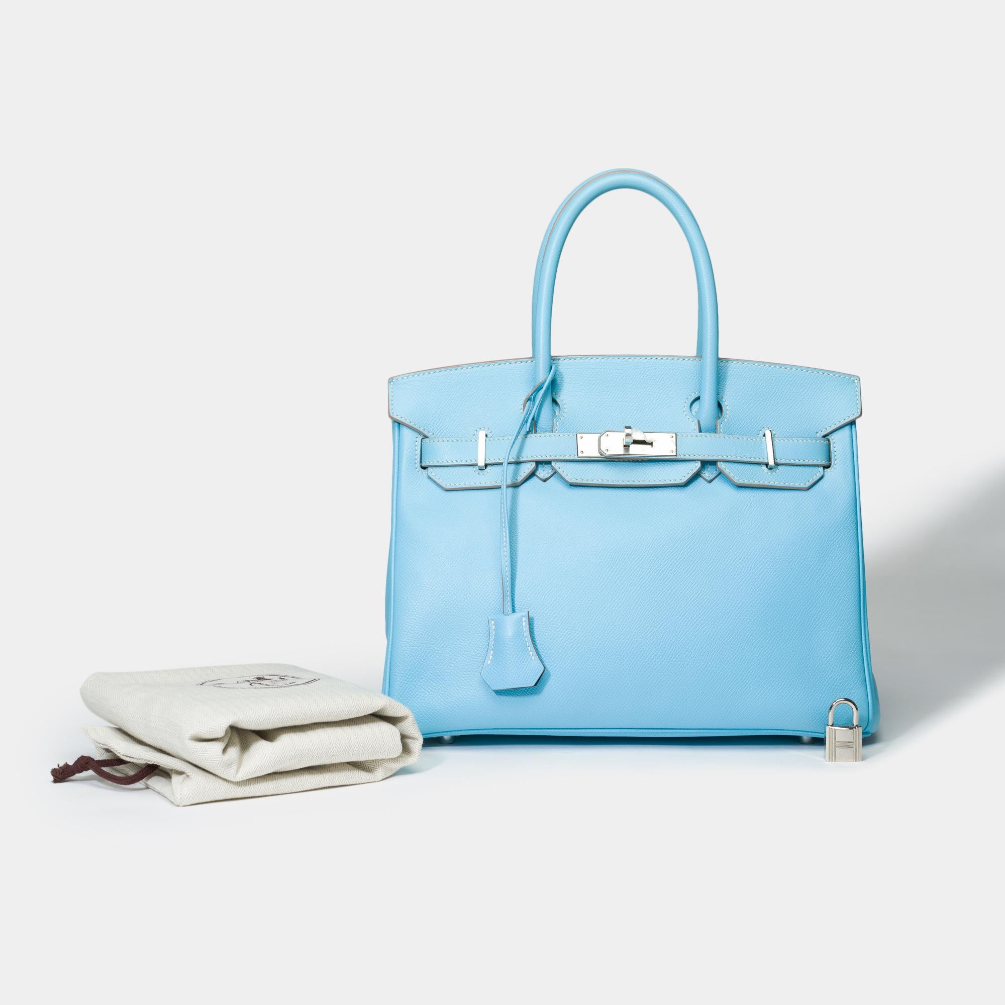 Exceptional​ ​Hermes​ ​Birkin​ ​30​ ​Limited​ ​Edition​ ​Candy​ ​Collection​ ​in​ ​Celeste​ ​Blue​ ​in​ ​Epsom​ ​leather​ ​with​ ​white​ ​stitching​ ​and​ ​Mykonos​ ​blue​ ​leather​ ​interior,​ ​palladium​ ​silver​ ​metal​ ​trim,​ ​double​ ​blue​