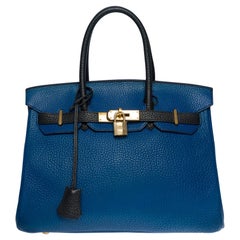 Rare sac à main Hermès Birkin 30 en cuir Taurillon Clémence bleu et noir, GHW