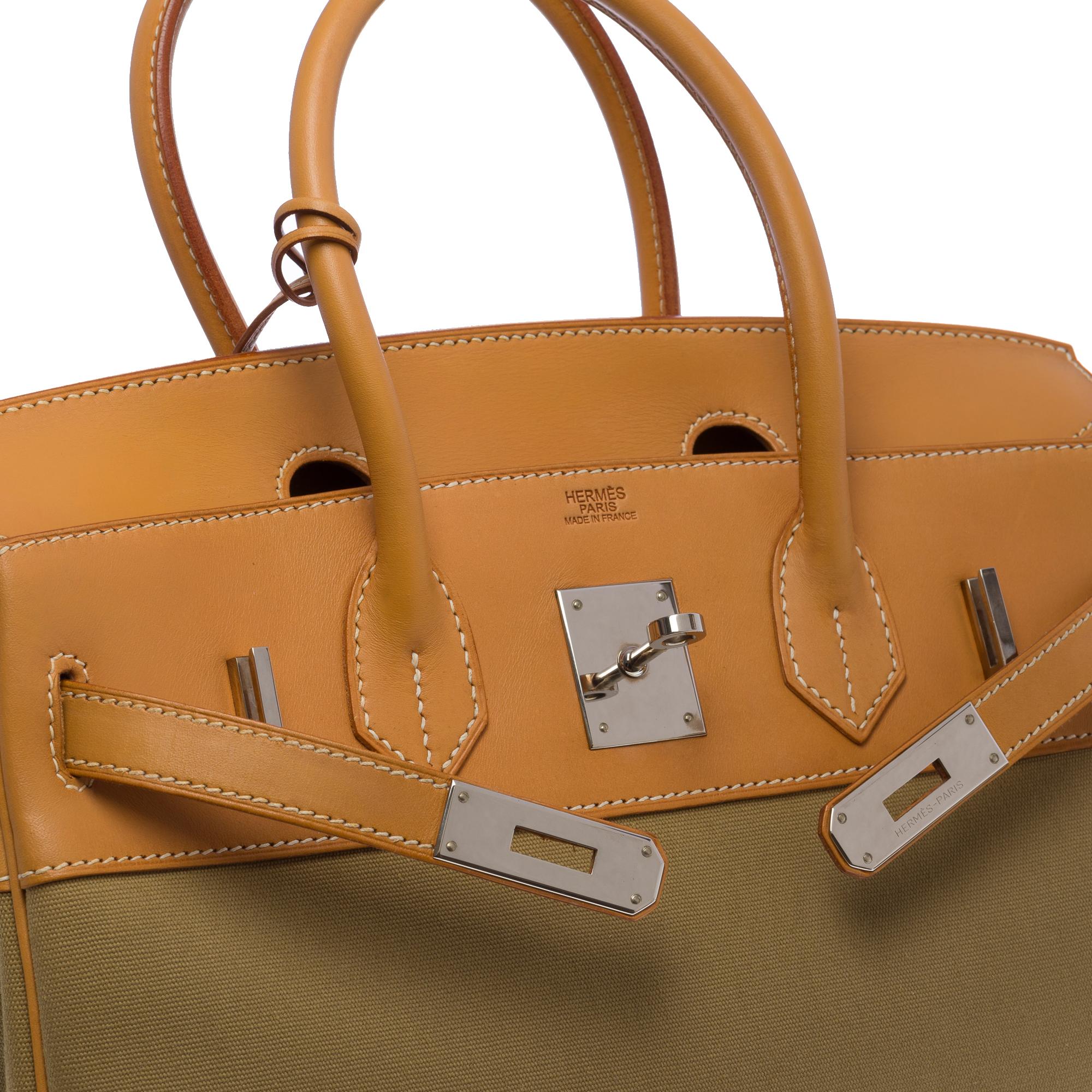 Brown Rare Hermès Birkin 30 handbag in khaki canvas and natural calf leather, SHW For Sale