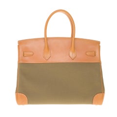 Rare Hermès Birkin 35 bi-material handbag in  khaki canvas and natural leather