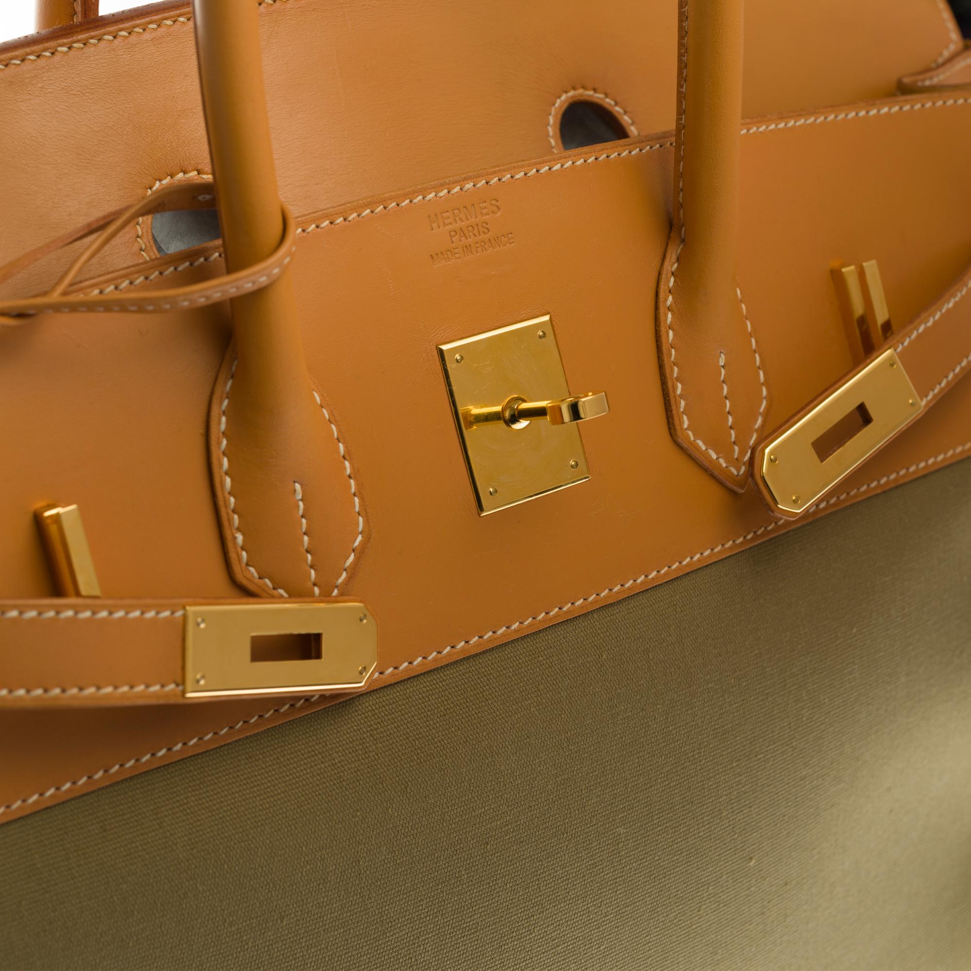 Brown Rare Hermès Birkin 35 bi-material handbag in  khaki canvas and natural leather