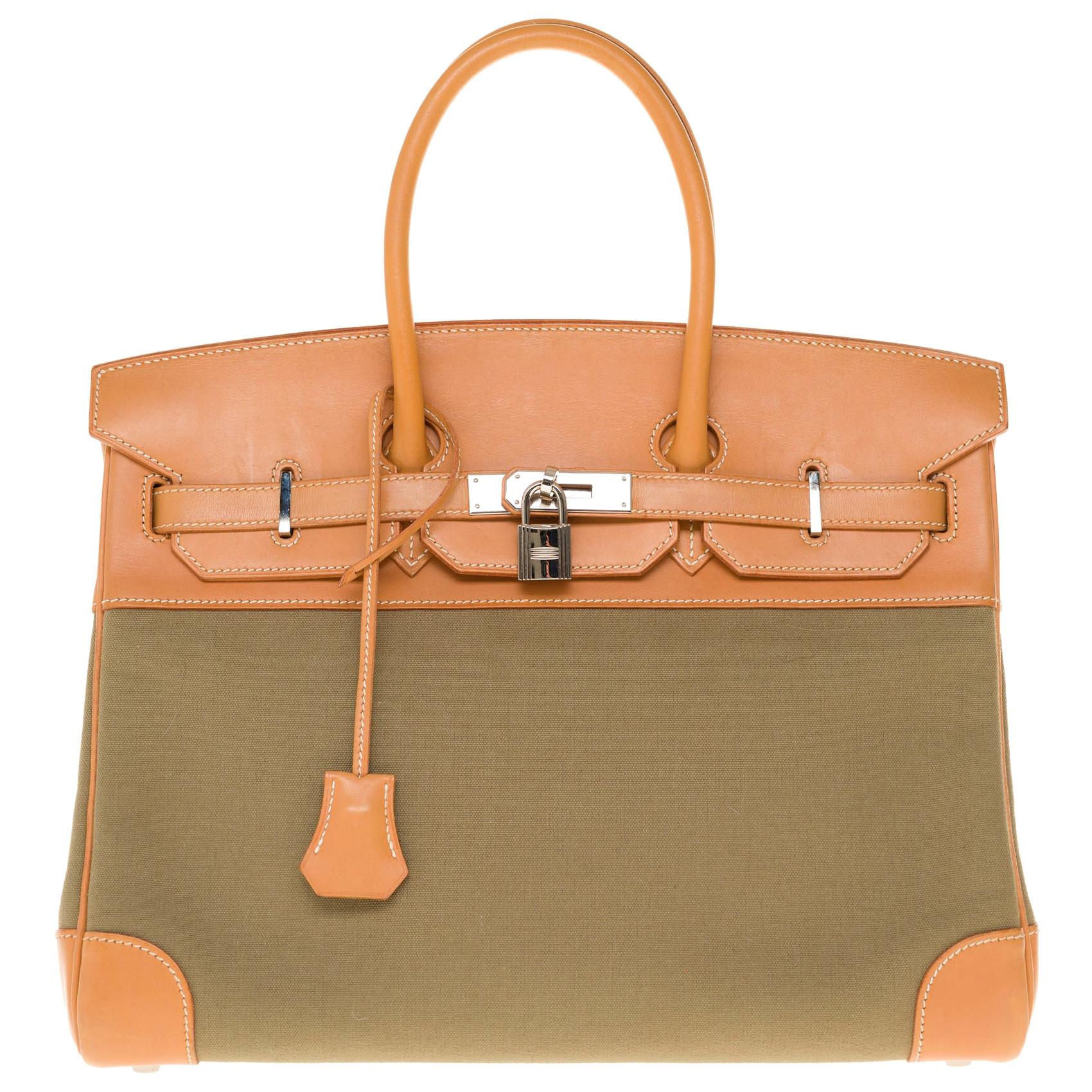 Rare Hermès Birkin 35 bi-material handbag in  khaki canvas and natural leather