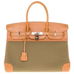 Seltene Hermès Birkin 35 Bi-Material Handtasche in khaki Leinwand und Naturleder