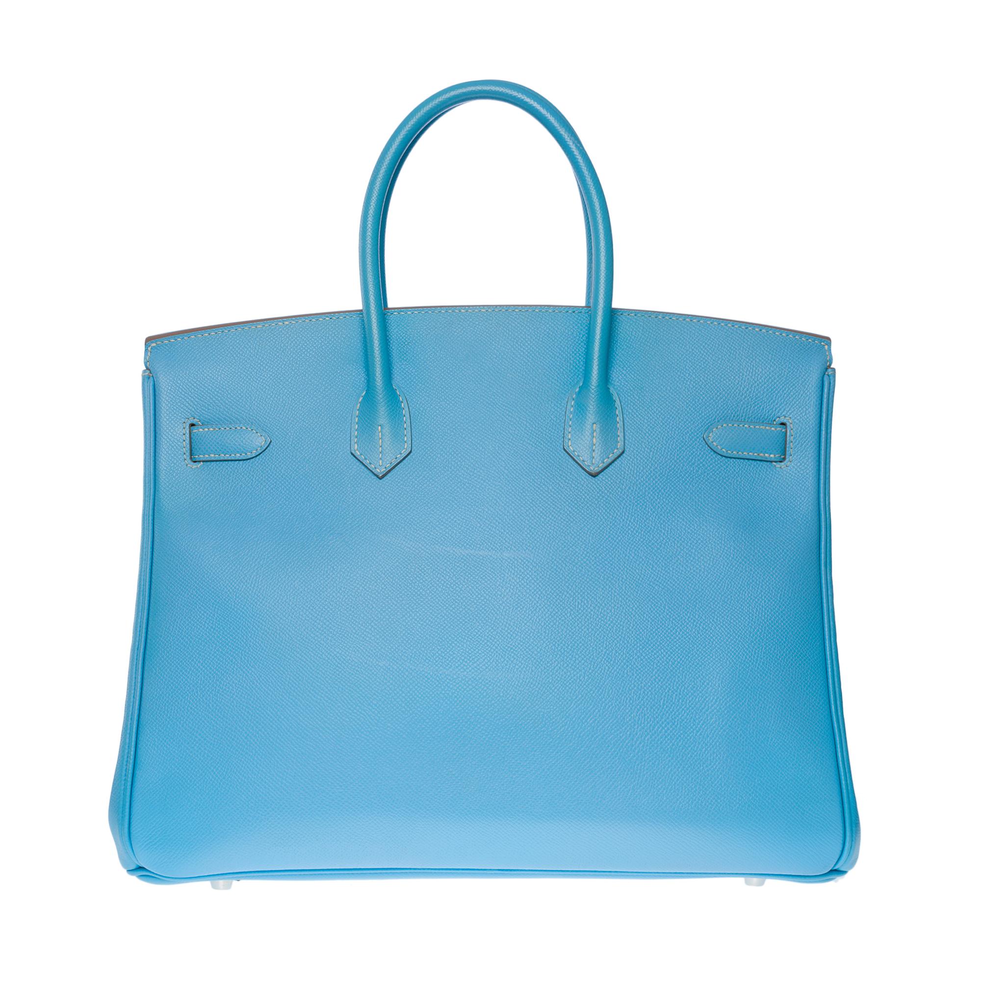Exceptional & Rare Hermes Birkin 35 Candy limited edition handbag in Blue Celeste epsom leather with Mykonos blue leather Interior, palladium silver metal hardware, double blue leather handle for handmade
Flap closure
mykonos blue leather lining,