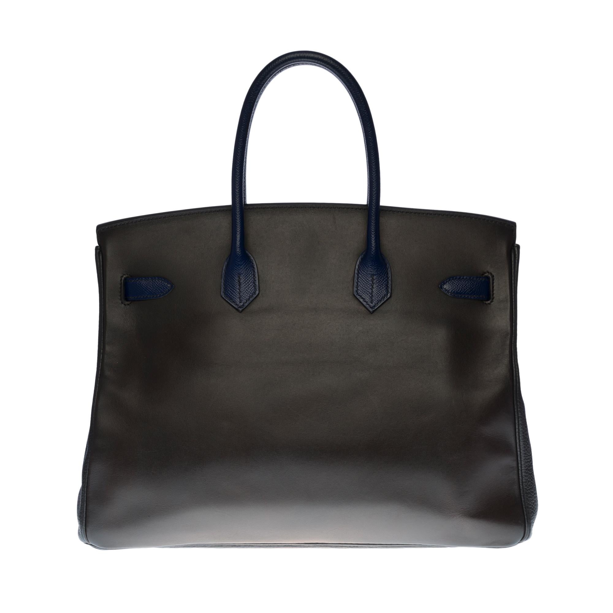 Splendid and very Rare Hermes Birkin 35 Tricolor handbag in 3 leathers: Swift brown (body of the bag)/Epsom electric blue (handles, straps, tirette, clochette)/Togo black (bellows), palladium silver metal hardware, double handle electric blue epsom