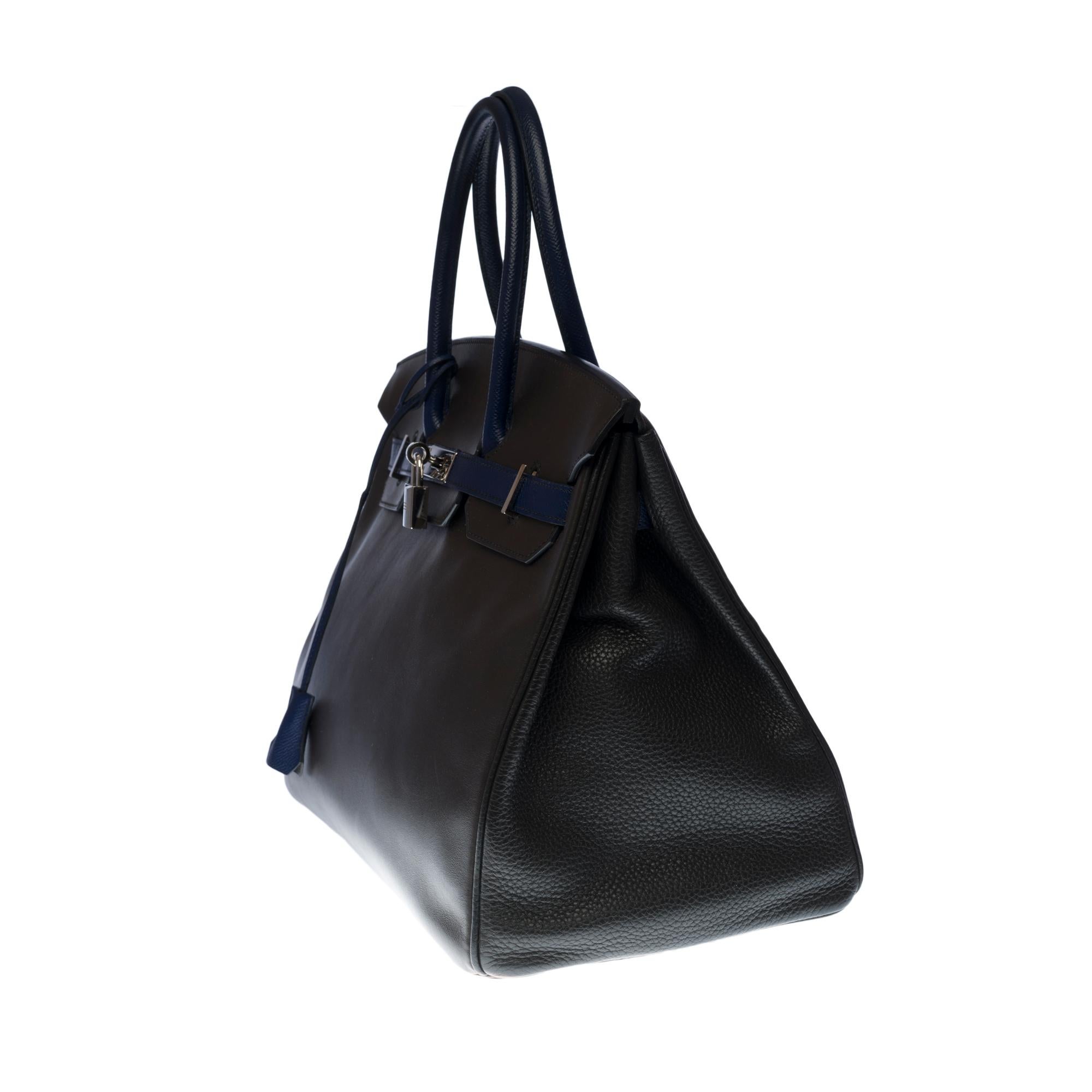 Black Rare Hermès Birkin 35 handbag in brown swift/blue epsom/black togo leather, SHW!