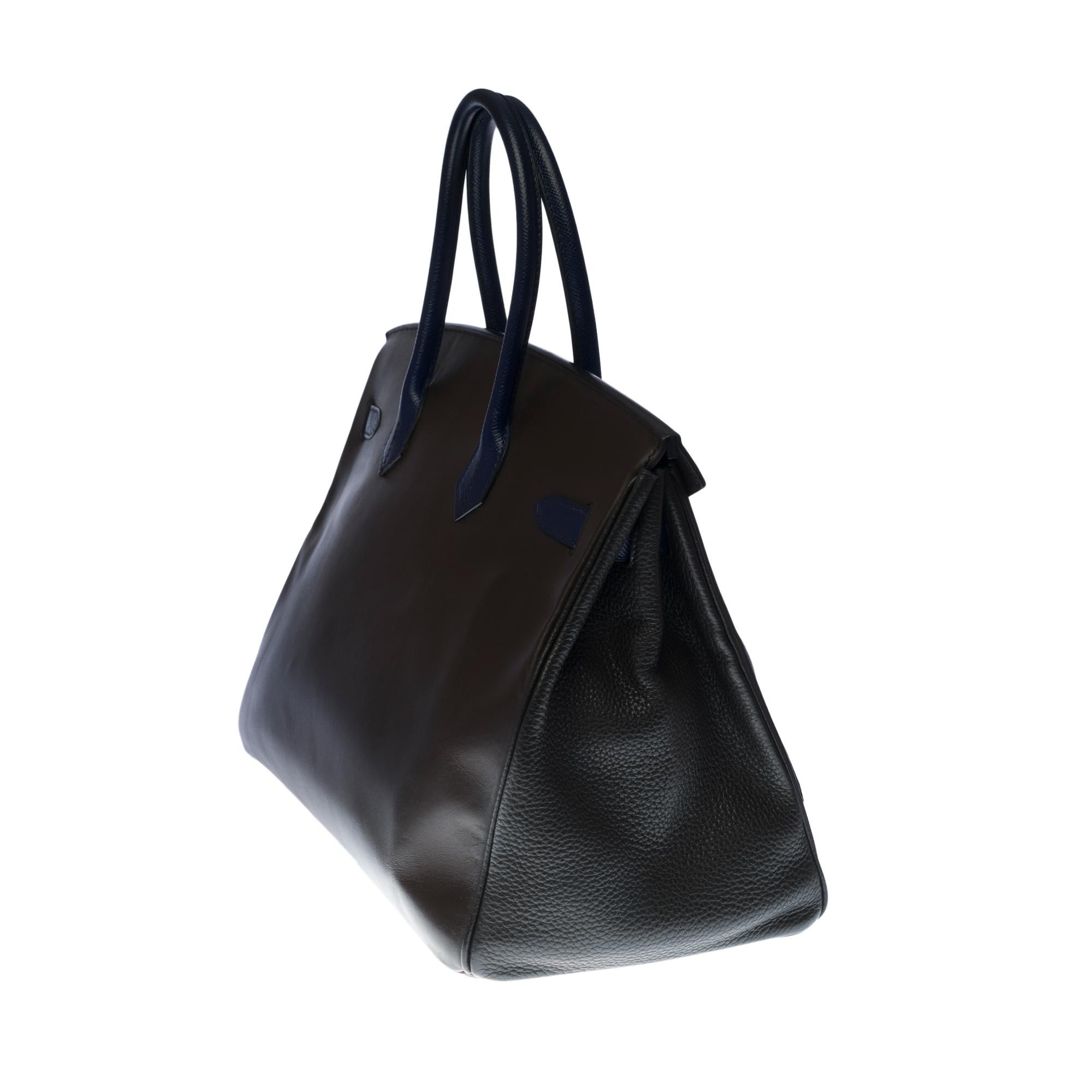 Rare Hermès Birkin 35 handbag in brown swift/blue epsom/black togo leather, SHW! In Excellent Condition In Paris, IDF