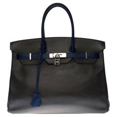 Seltene Hermès Birkin 35 Handtasche aus braunem gedrehtem/blauem Epsom/schwarzem Togo-Leder,SHW!