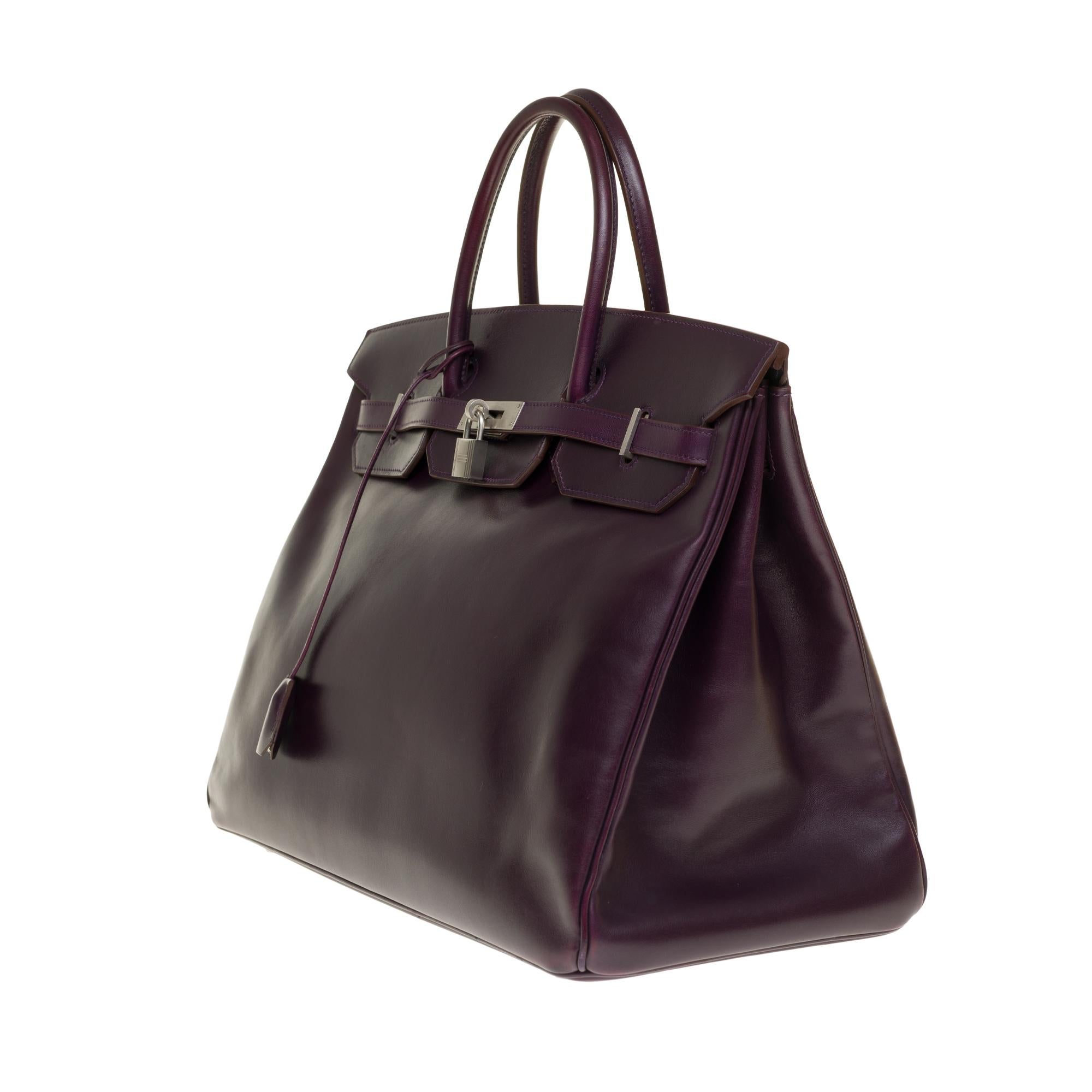 Black Rare Hermes Birkin 40 handbag in purple Box calfskin and brushed silver hardware