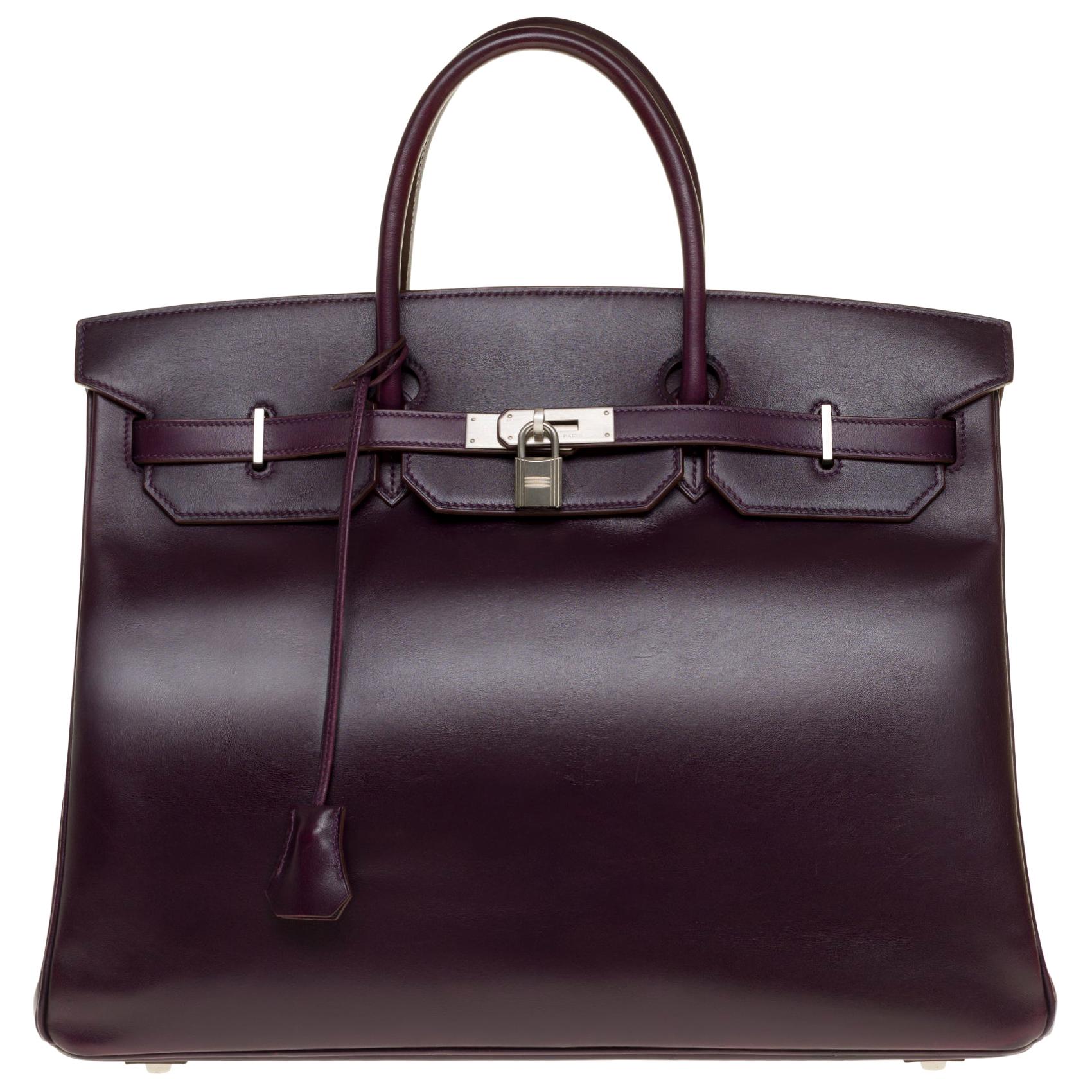 Rare Hermes Birkin 40 handbag in purple Box calfskin and brushed silver hardware