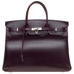 Rare Hermes Birkin 40 handbag in purple Box calfskin and brushed silver hardware