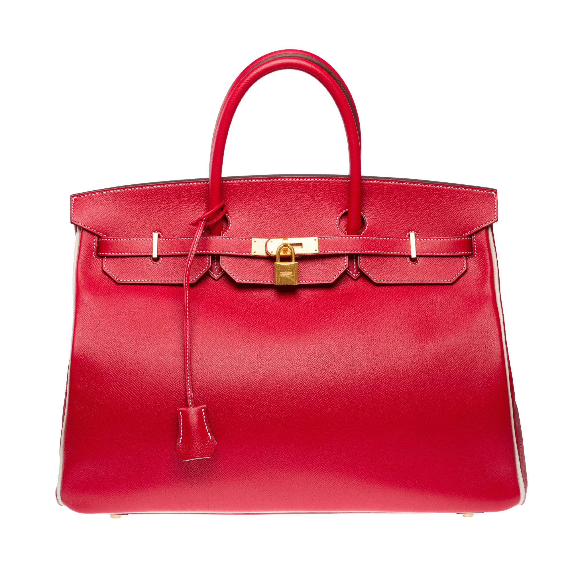 Exceptional​ ​&​ ​Rare​ ​Hermes​ ​Birkin​ ​40​ ​special​ ​order​ ​(HSS)​ ​in​ ​red​ ​Rubis​ ​epsom​ ​calf​ ​leather​ ​with​ ​contrasting​ ​epsom​ ​craie,​ ​brushed​ ​gold​ ​metal​ ​trim,​ ​double​ ​red​ ​leather​ ​handles​ ​allowing​ ​hand​