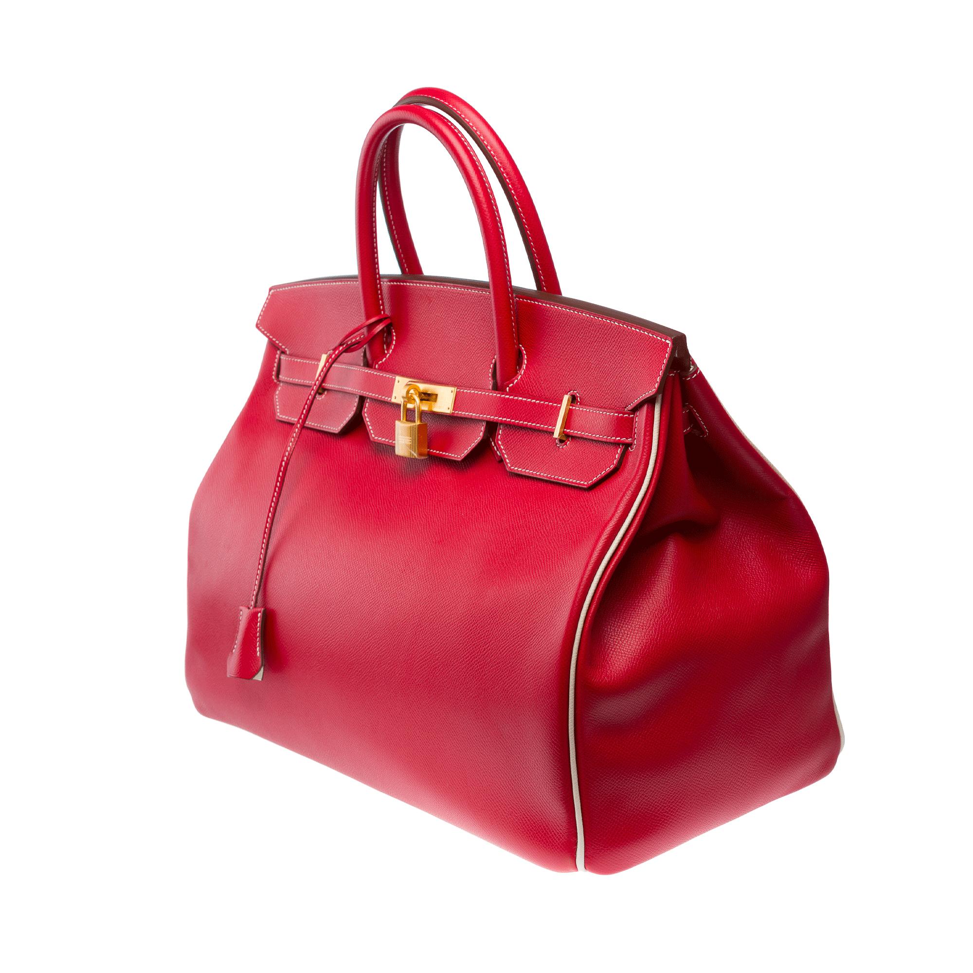 Rare Hermes Birkin 40 HSS handbag in Rubis/Craie epsom calf leather, BGHW In Excellent Condition In Paris, IDF