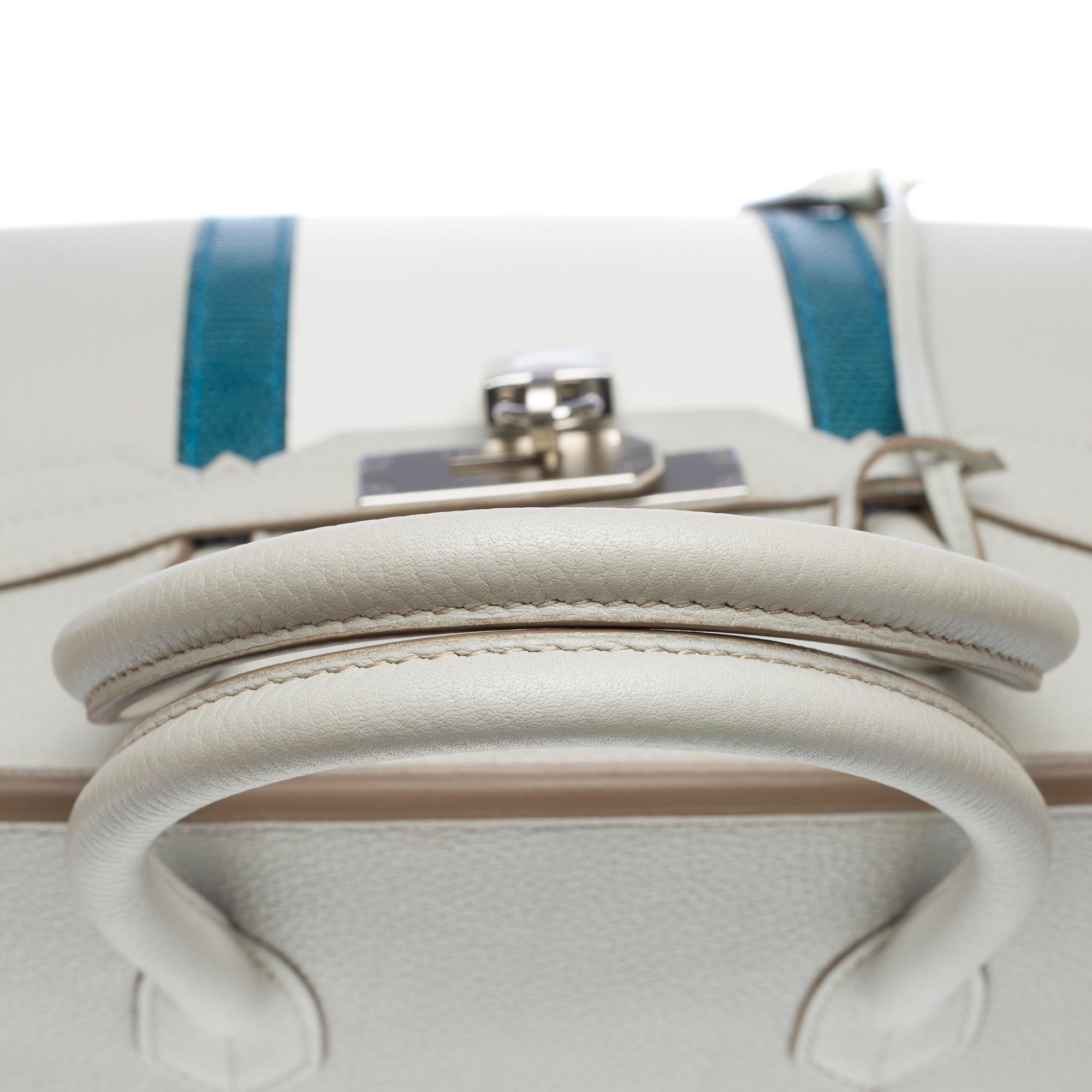 Rare Hermès Birkin Club 35 handbag in grey, white leather and blue lizard, PHW For Sale 5