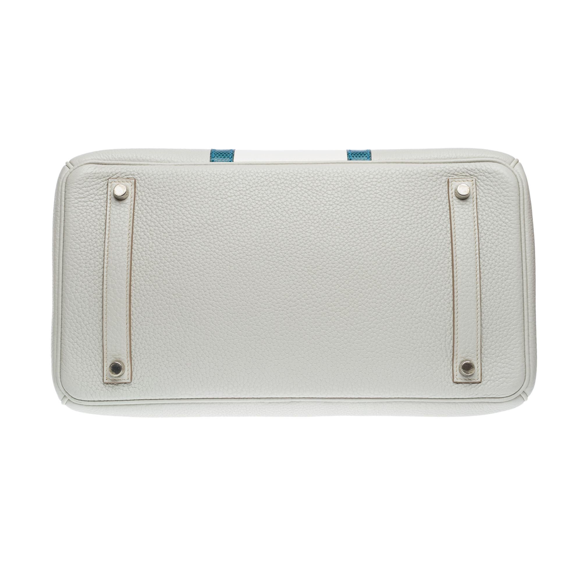 Rare Hermès Birkin Club 35 handbag in grey, white leather and blue lizard, PHW For Sale 6