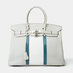Rare Hermès Birkin Club 35 handbag in grey, white leather and blue lizard, PHW