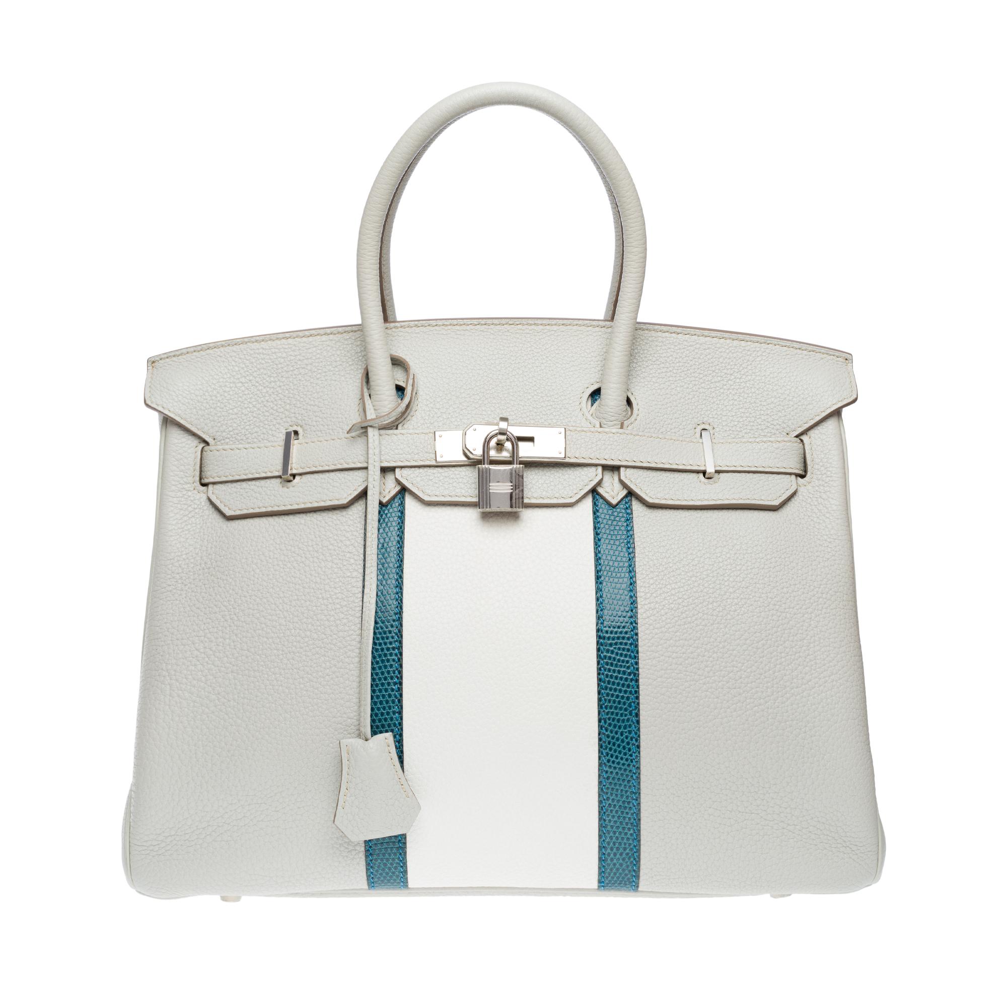 Gray Rare Hermès Birkin Club 35 handbag in grey, white leather and blue lizard, PHW For Sale