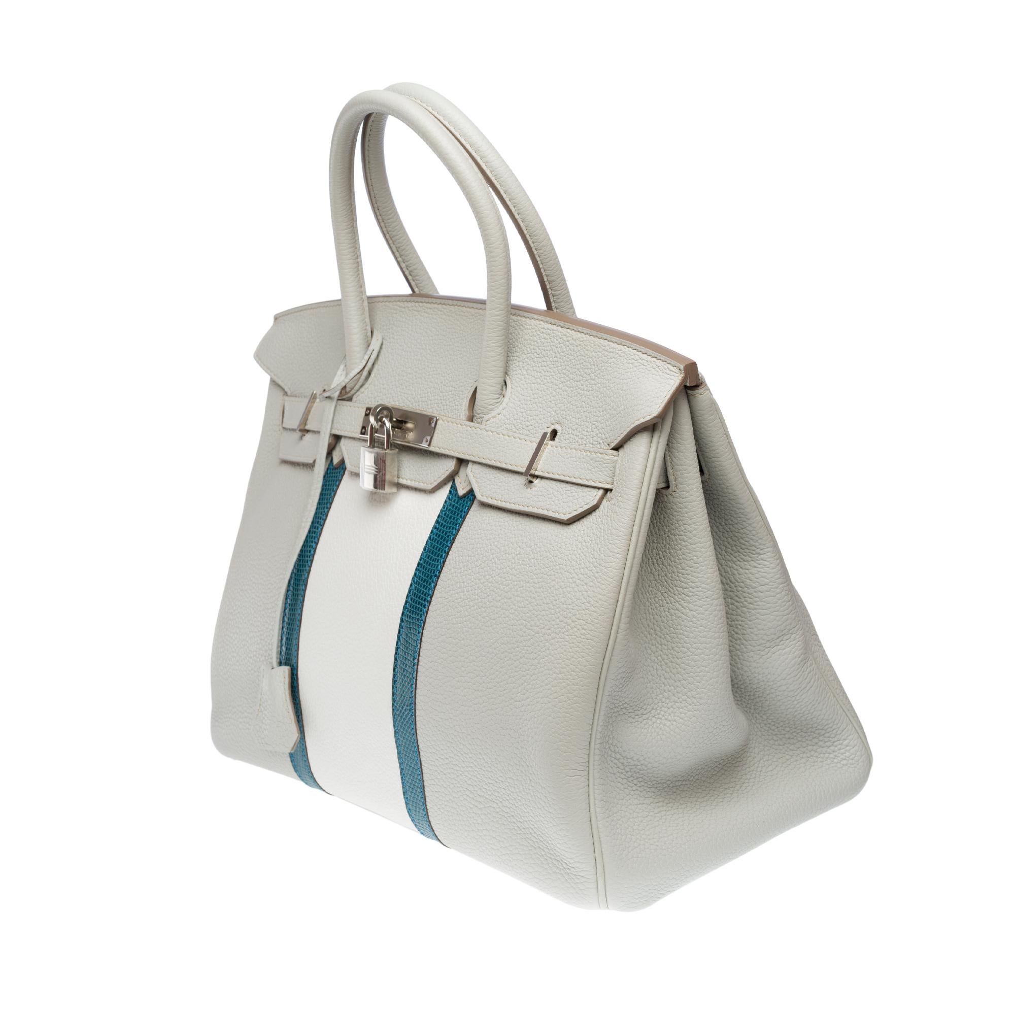 Women's Rare Hermès Birkin Club 35 handbag in grey, white leather and blue lizard, PHW For Sale