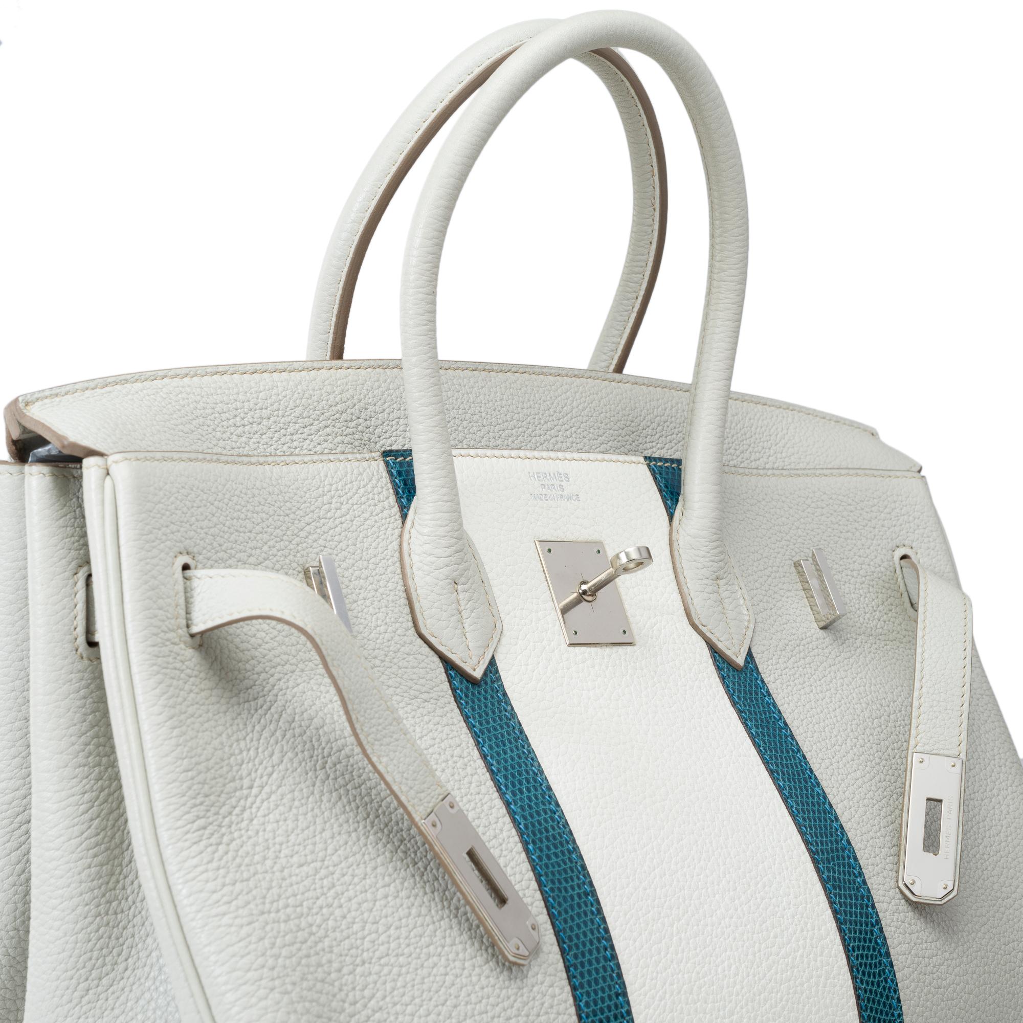 Rare Hermès Birkin Club 35 handbag in grey, white leather and blue lizard, PHW For Sale 2